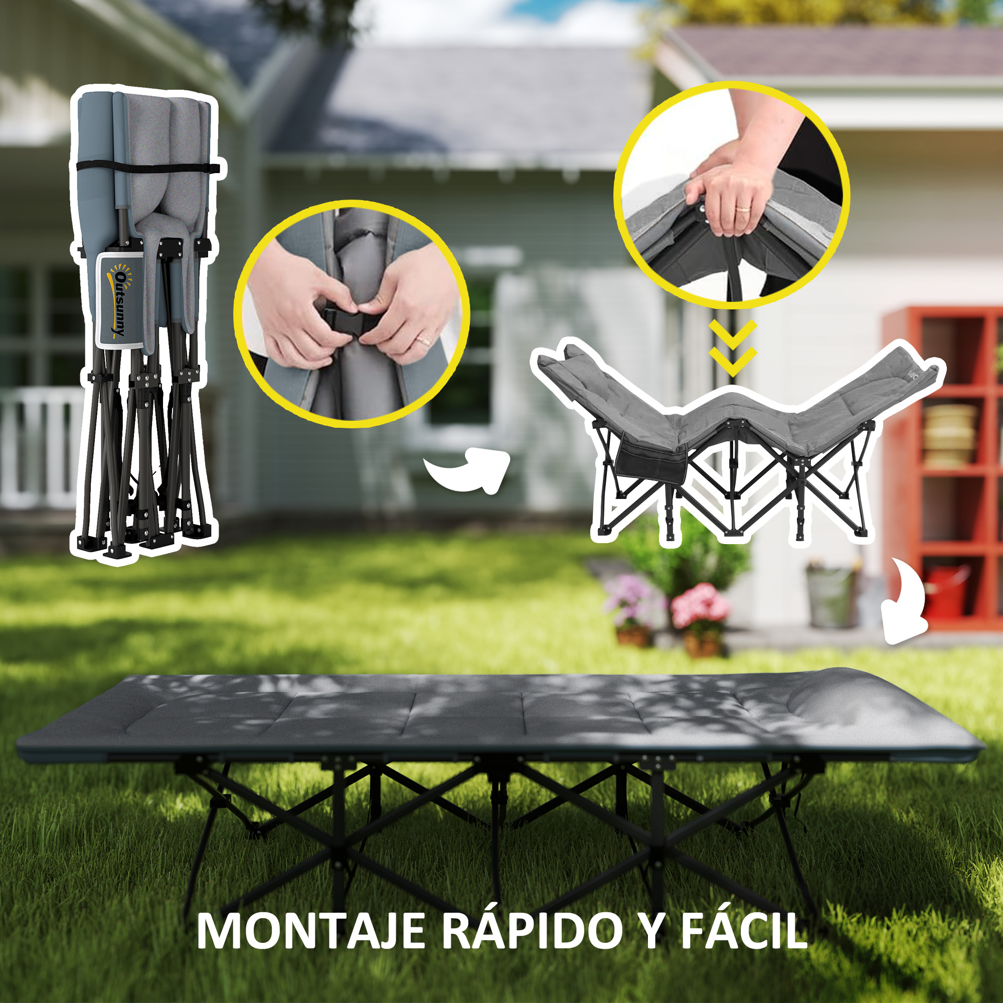 Una tumbona plegable se monta al aire libre. Primeros planos muestran los pasos.