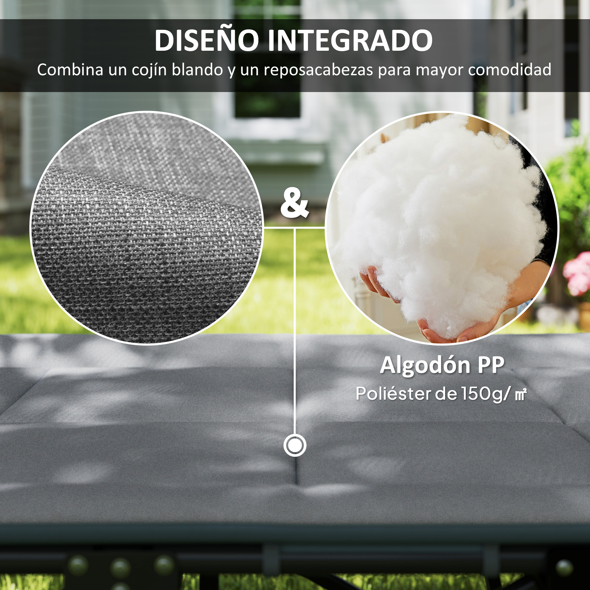 Tela gris y algodón PP blanco para acolchado, con texto.