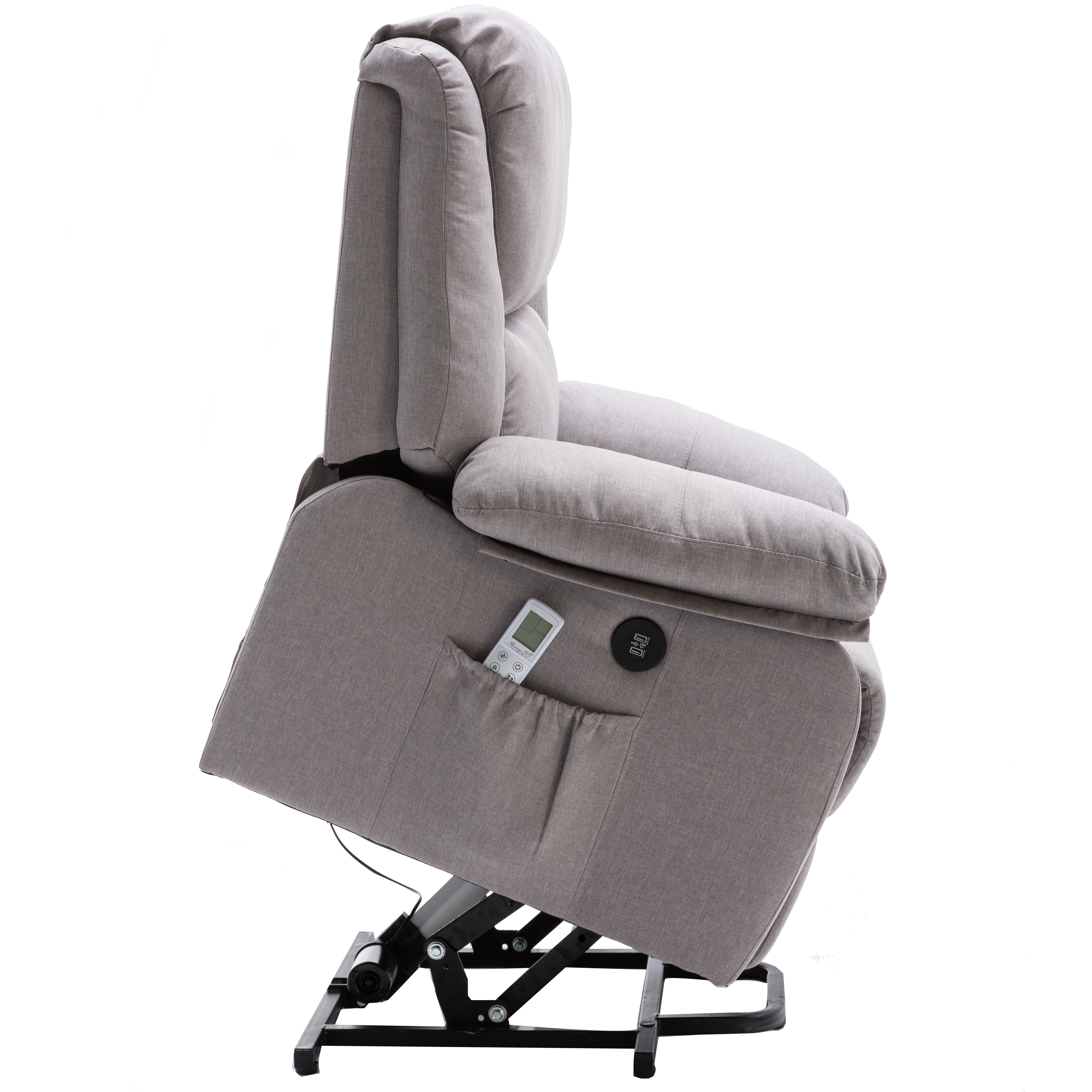 Sillón reclinable gris con mando y puerto USB, sobre fondo blanco.