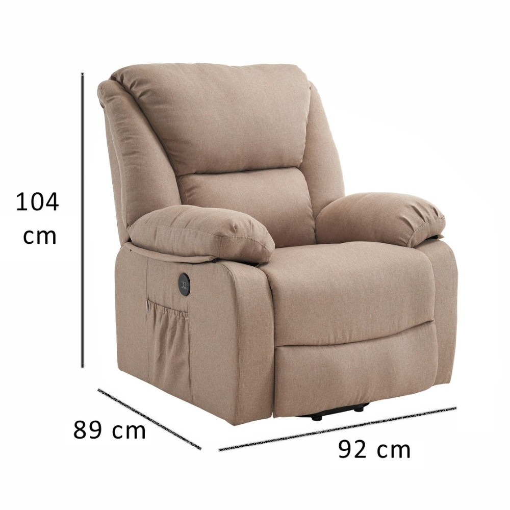 Un sillón reclinable beige con reposabrazos, bolsillo lateral y dimensiones.