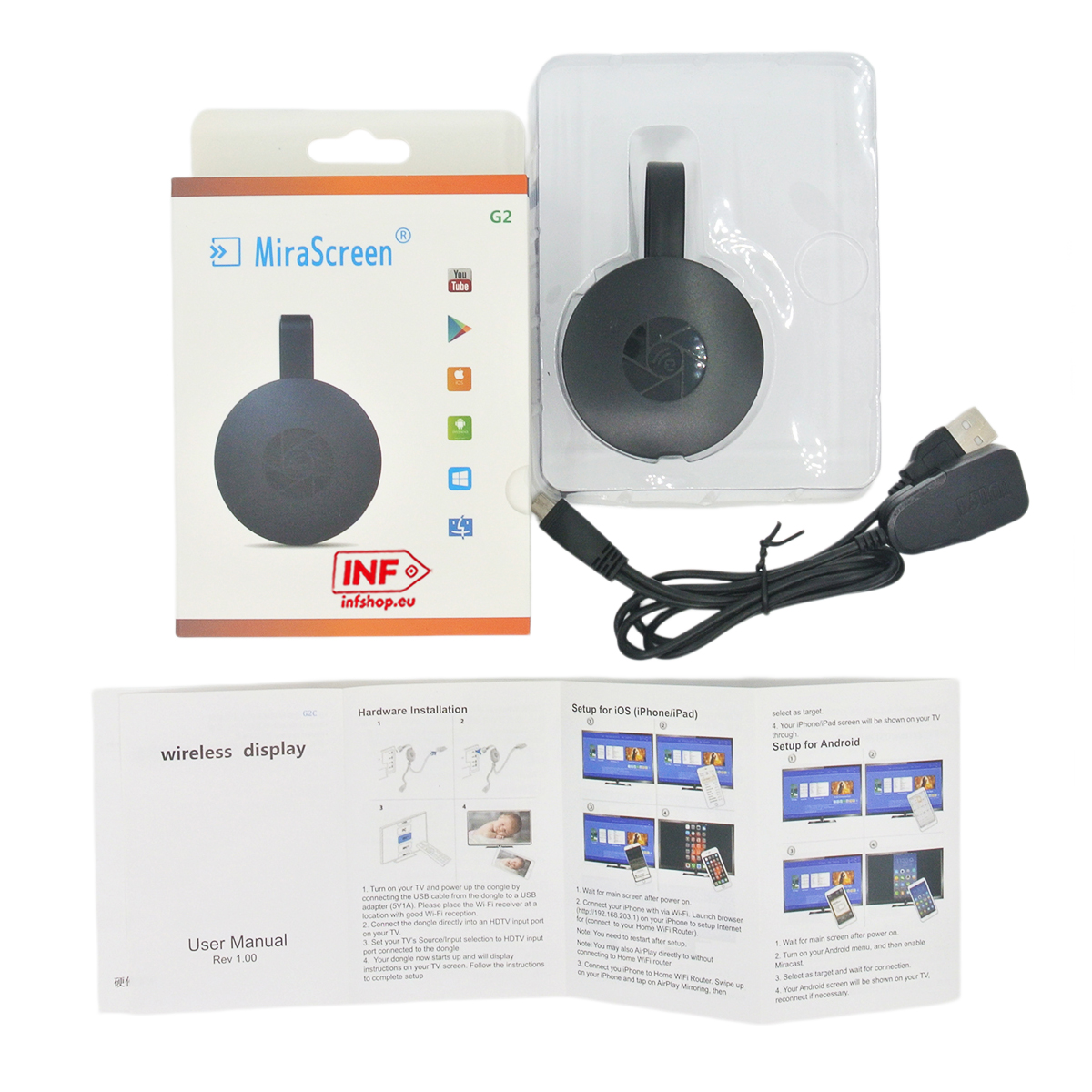 Ein MiraScreen G2 Dongle mit Zubehör und Anleitung, auf weißem Hintergrund.