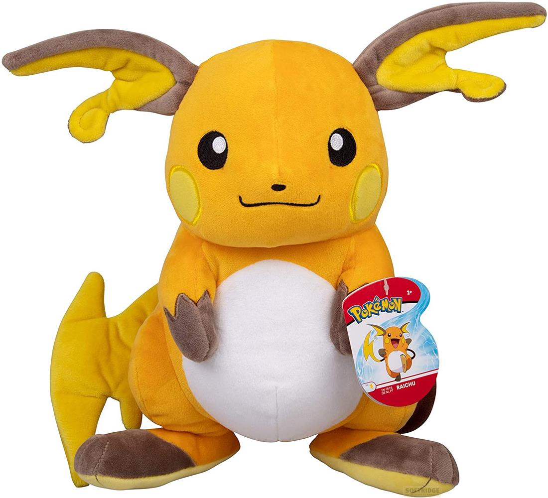 Ein gelber Plüsch-Raichu mit braunen Ohrenspitzen und einem weißen Bauch.