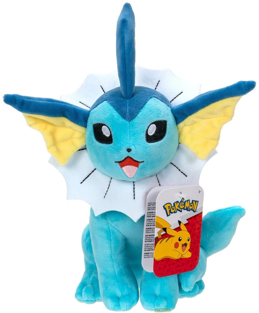 Un peluche azul de Vaporeon con aletas amarillas y una etiqueta de Pokémon.