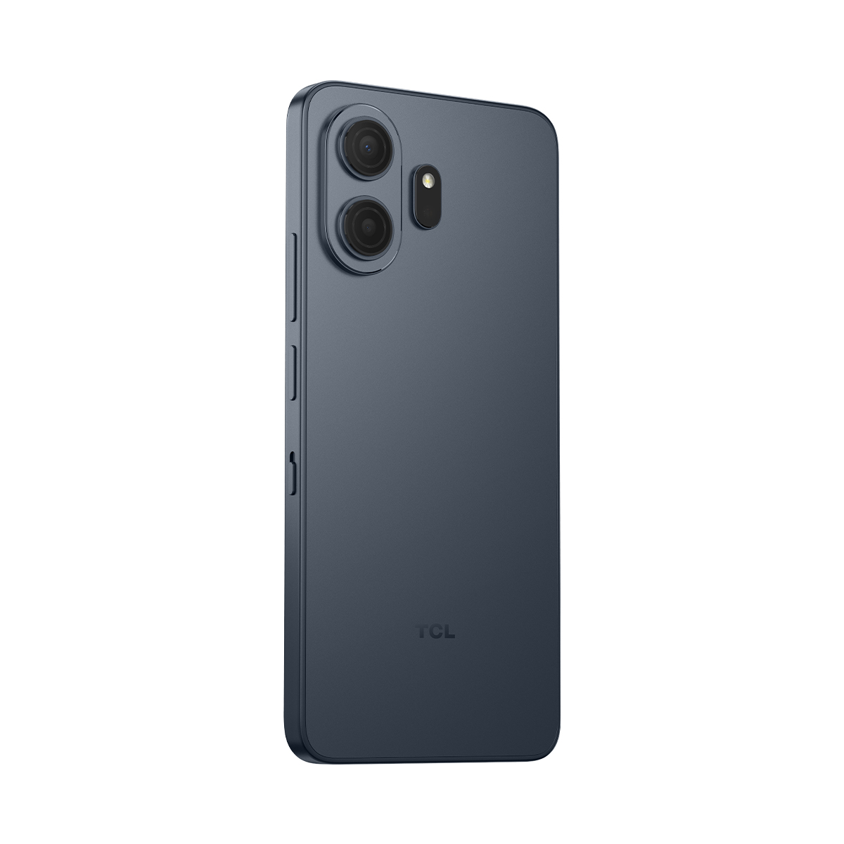 Ciemnoniebieski smartfon z podwójnym tylnym aparatem i logo TCL.
