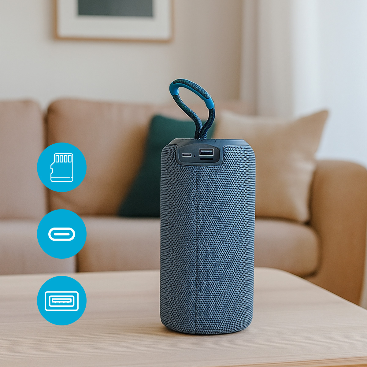 Ciemnoszary głośnik z paskiem i portami. Ikony pokazują kartę SD, USB-C i USB-A.