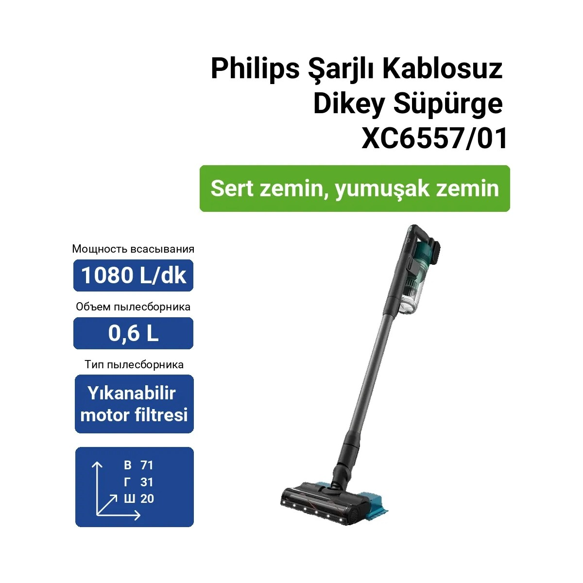 Philips Şarjlı Kablosuz Dikey Süpürge XC6557/01, 1080 L/dk emiş gücü, 0,6 L hazne.