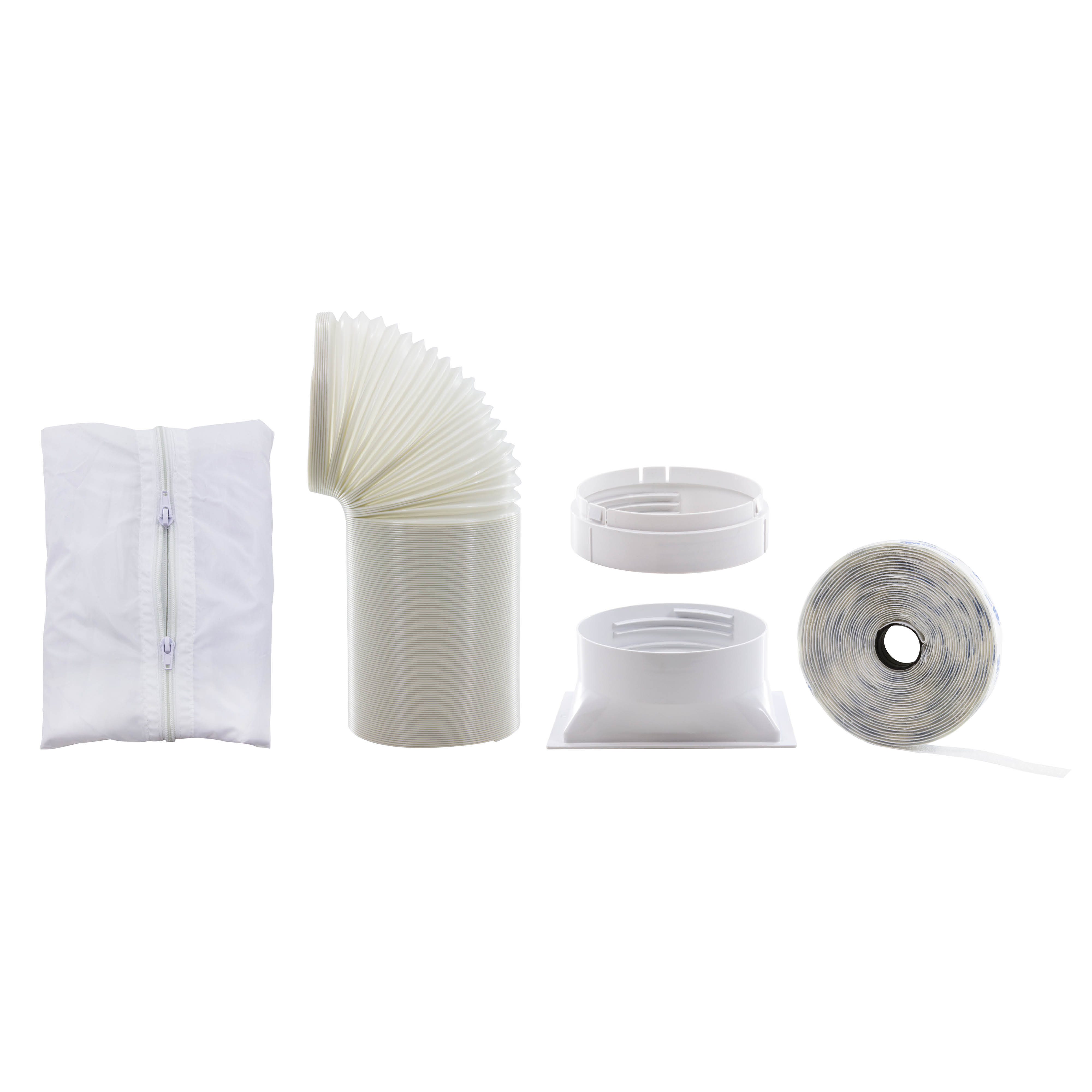 Un sac blanc en tissu zippé, un tuyau flexible blanc, un adaptateur et un rouleau de ruban adhésif.