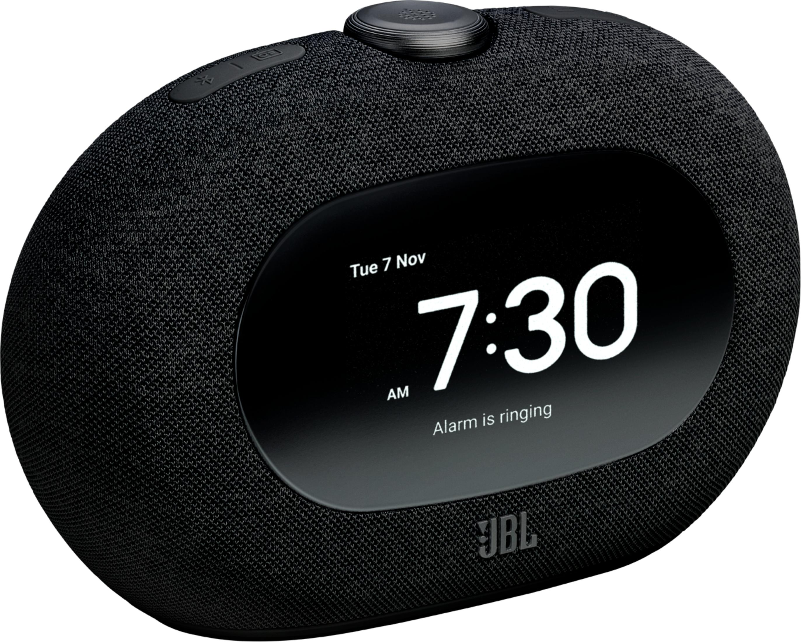Schwarzer JBL Wecker mit digitaler Anzeige: 7:30 AM, Alarm klingelt.