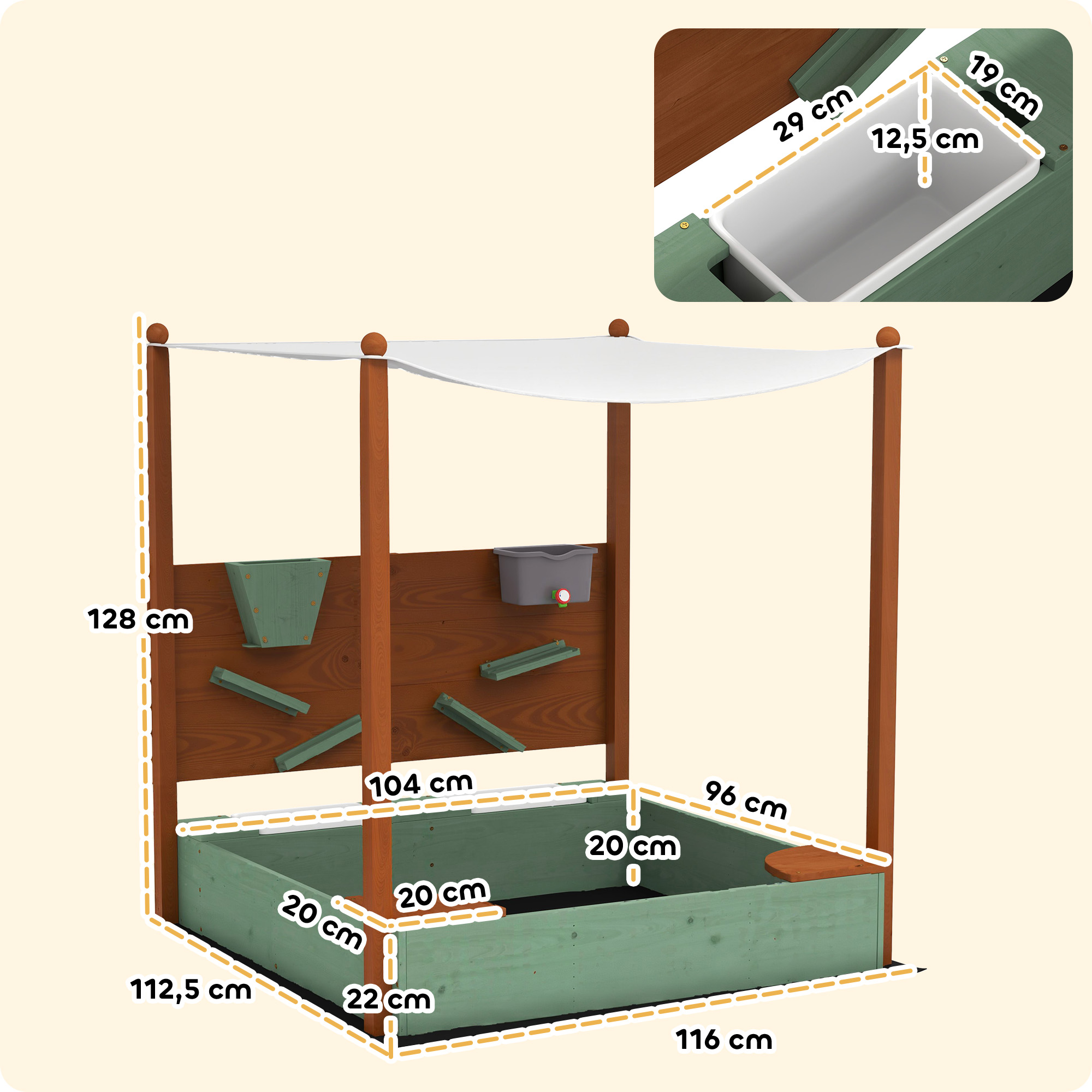 Un arenero verde con marco de madera y toldo. Se indican las dimensiones.