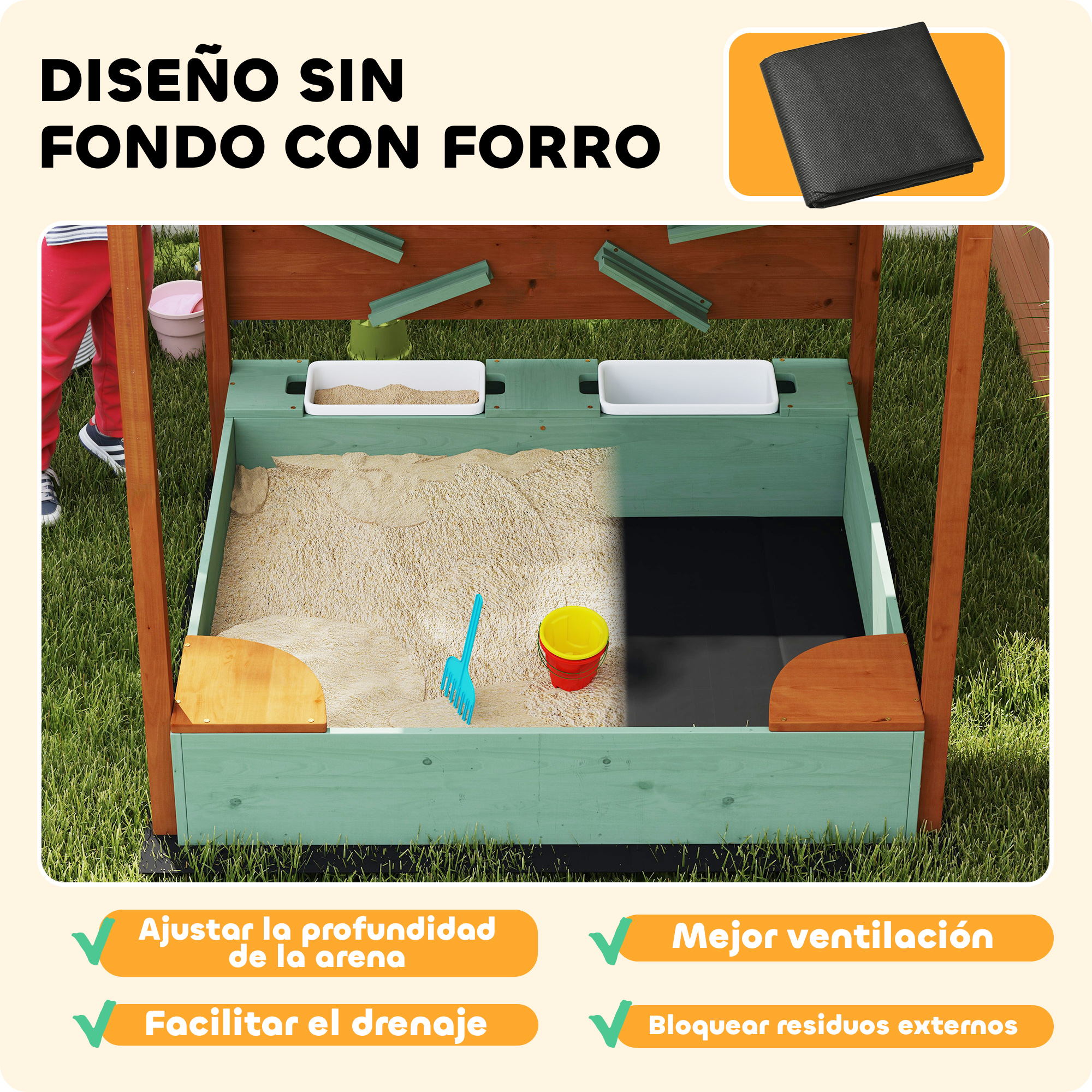 Un arenero sin fondo con forro negro, juguetes y un niño.