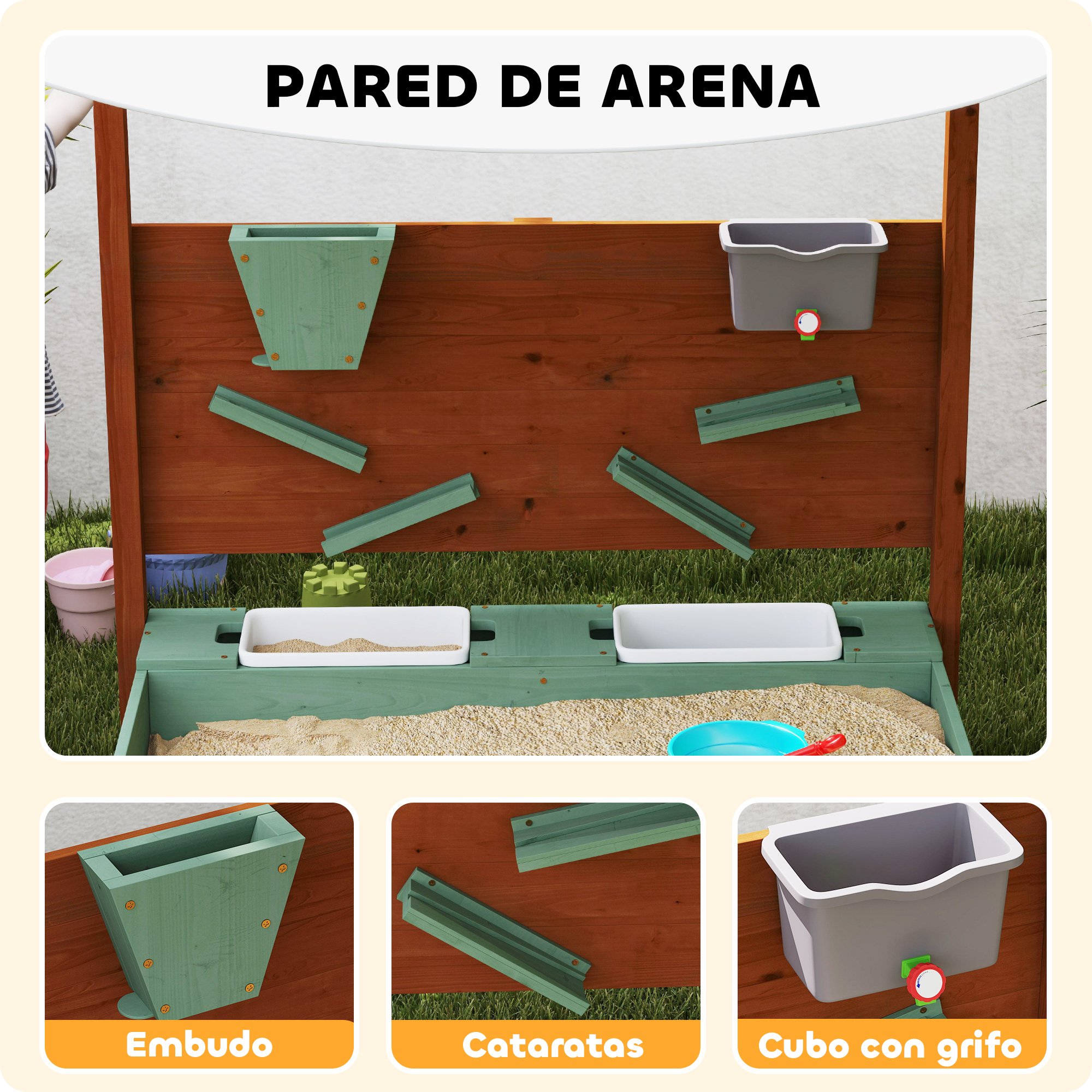 Pared de arenero con canales verdes, cubos y una tina gris con grifo.