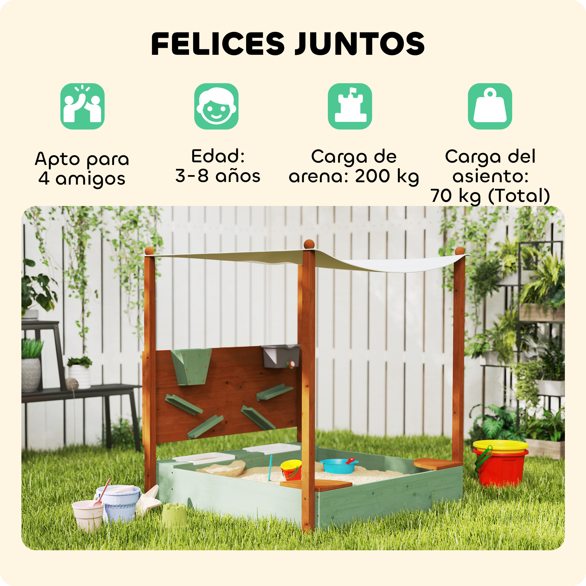 Estructura de juego de madera con arenero, toldo y elementos de juego exterior.