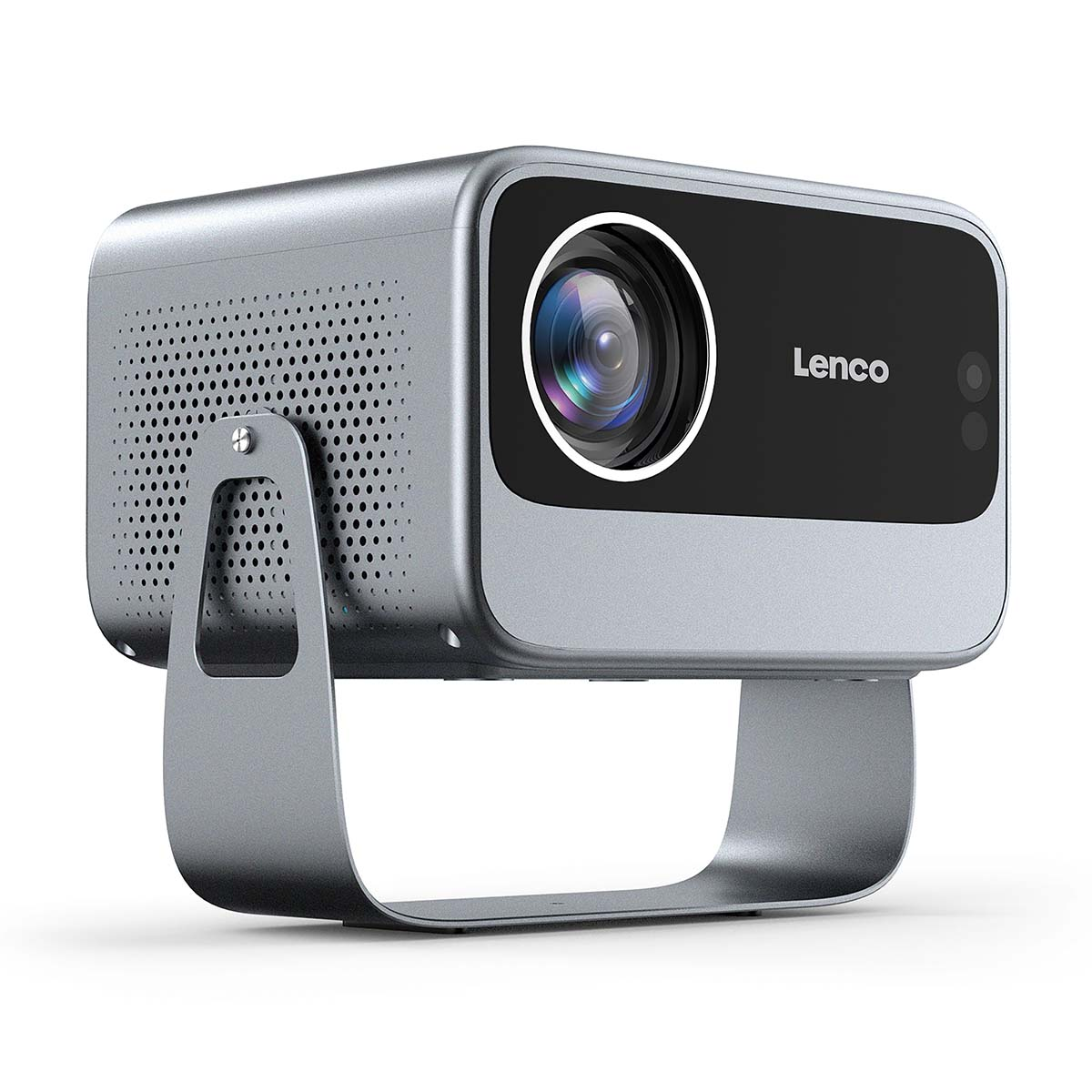 Un projecteur Lenco argenté avec panneau avant noir et lentille.