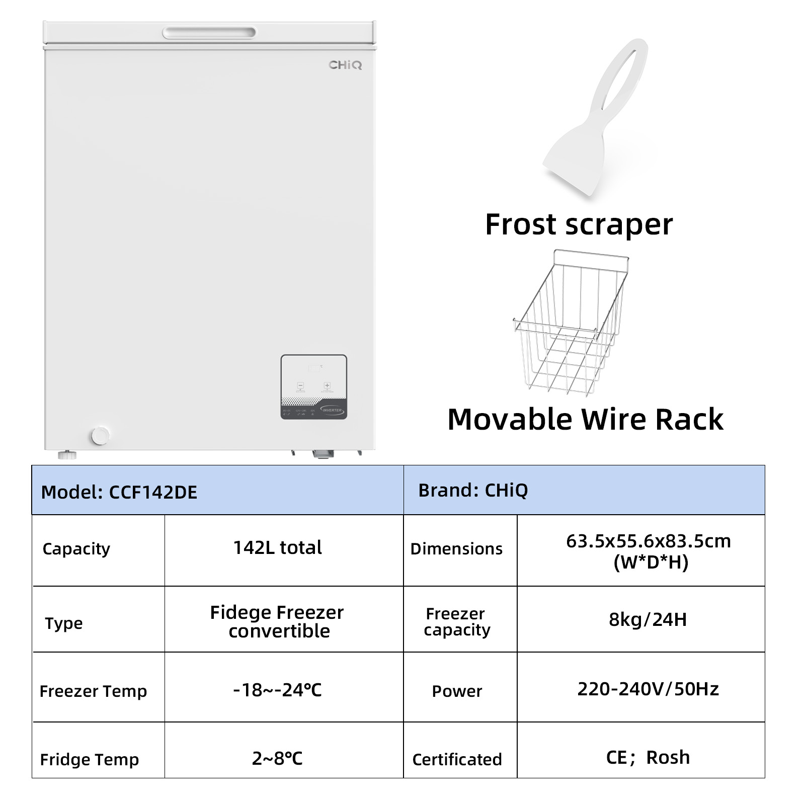 A white chest freezer, brand CHIQ, model CCF142DE, with specifications listed.