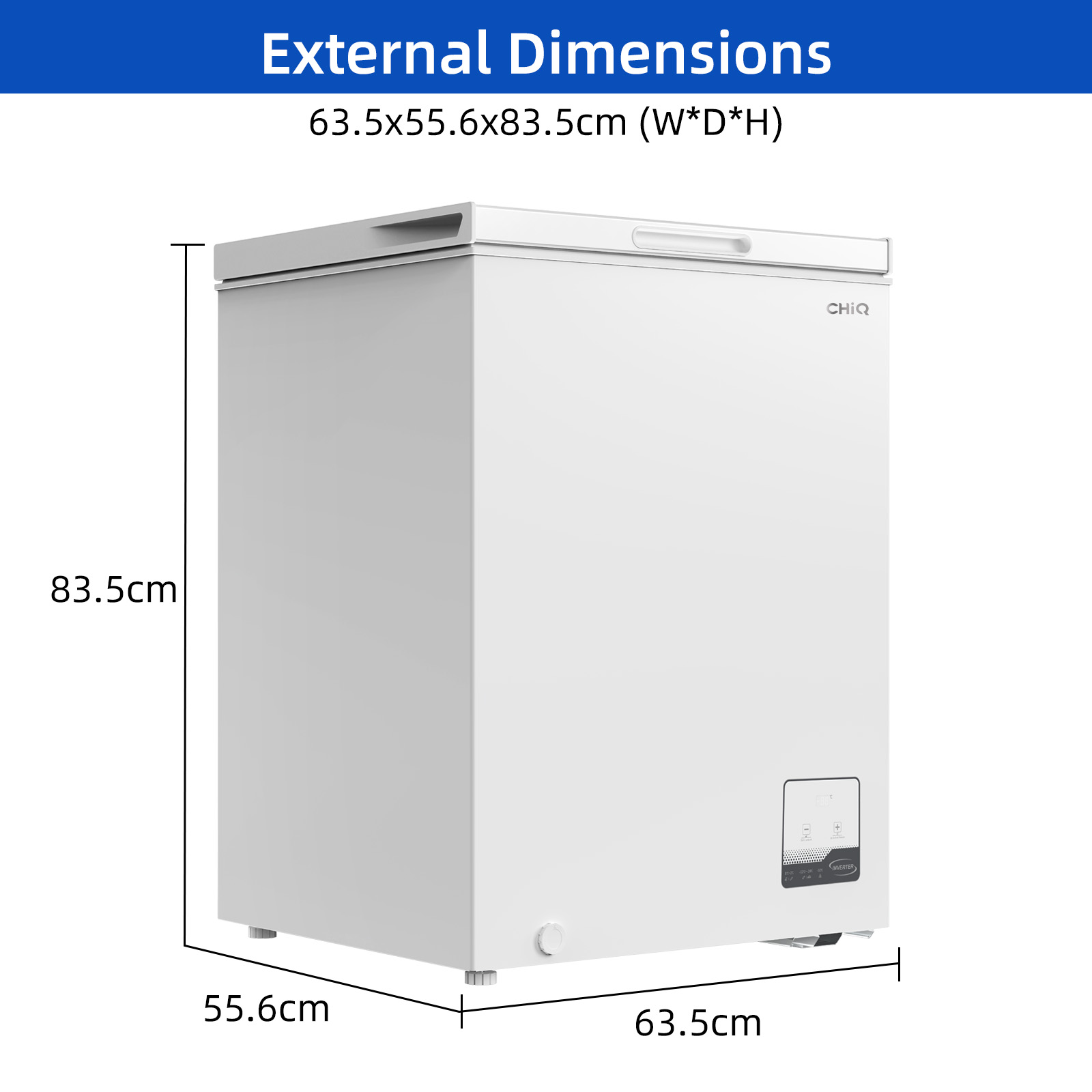 A white chest freezer with dimensions 63.5x55.6x83.5cm.
