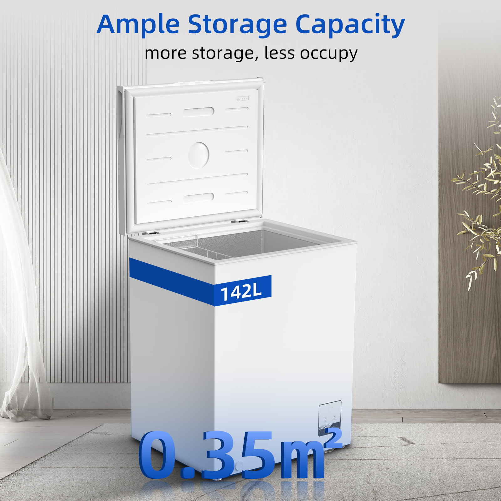 A white chest freezer with its lid open, showing 142L capacity.