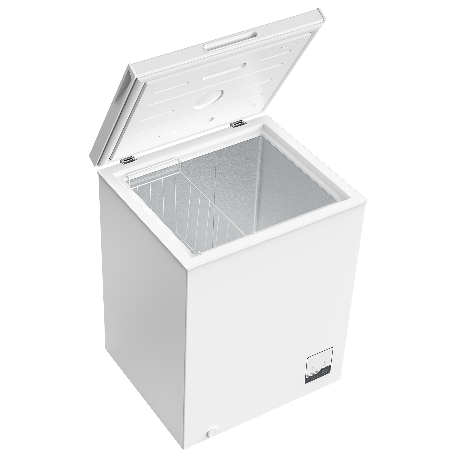 A white chest freezer with its lid open and a wire basket inside.