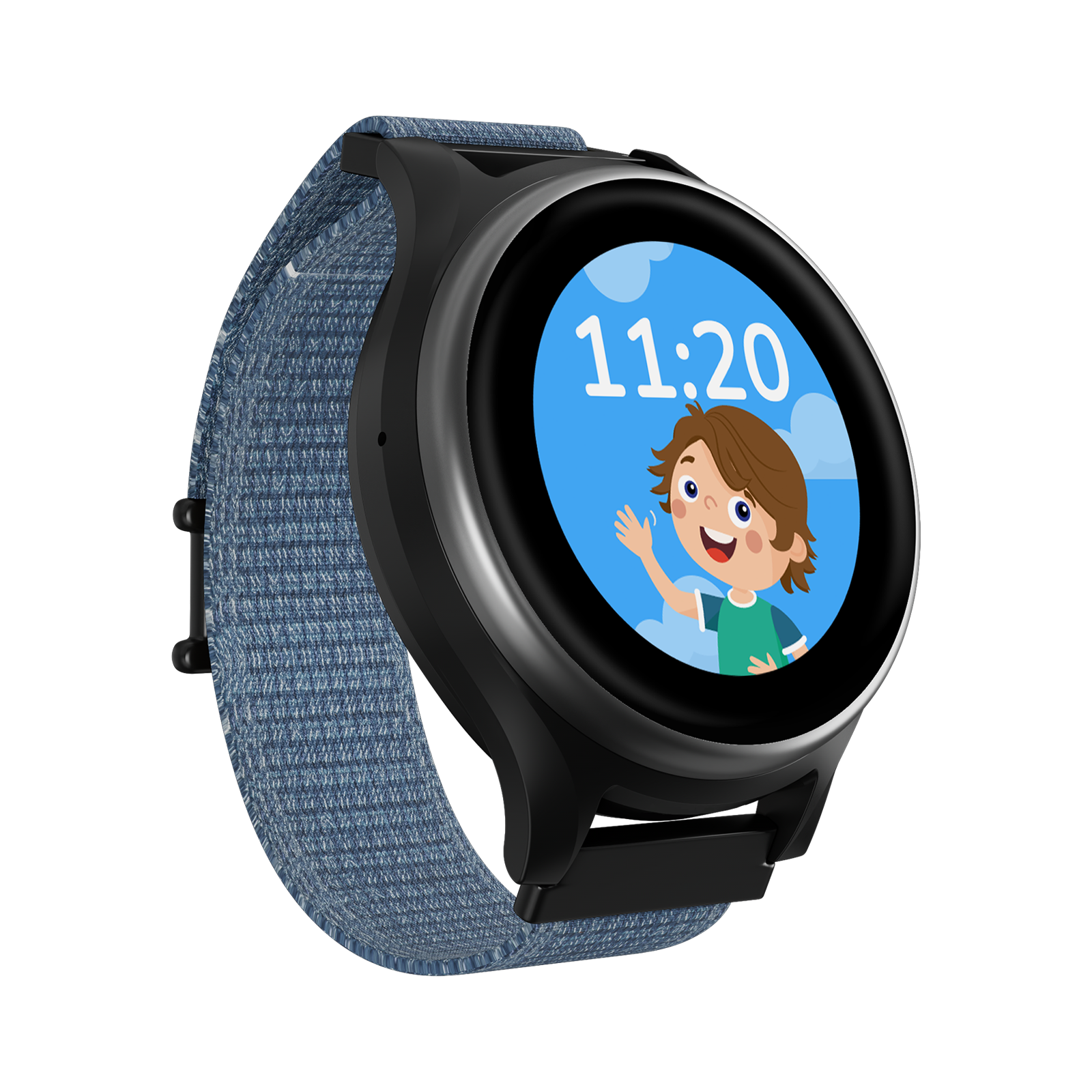 Uno smartwatch nero con cinturino in tessuto blu mostra le 11:20 e un bambino che saluta.