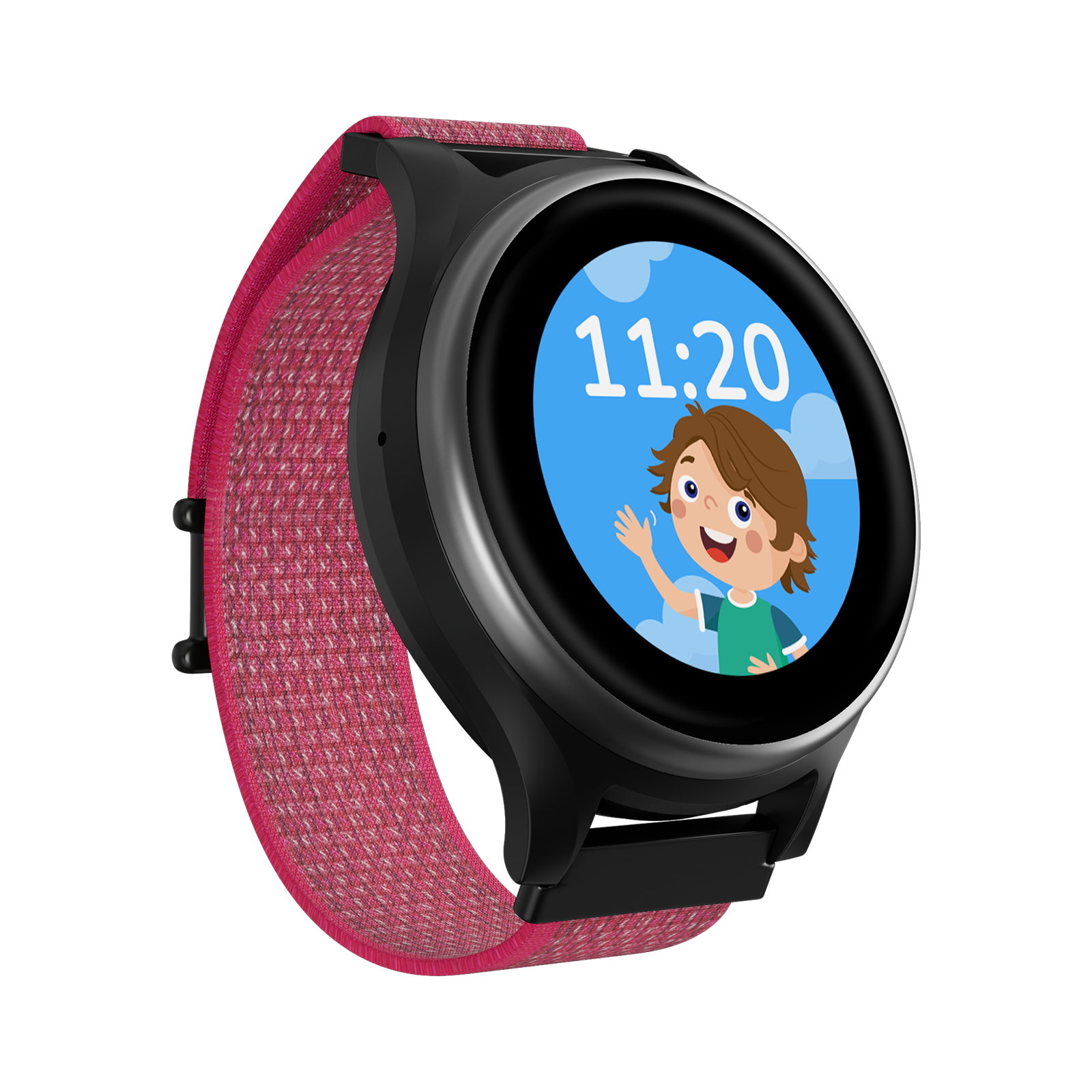 Uno smartwatch con cinturino rosa mostra un ragazzo sul suo schermo.
