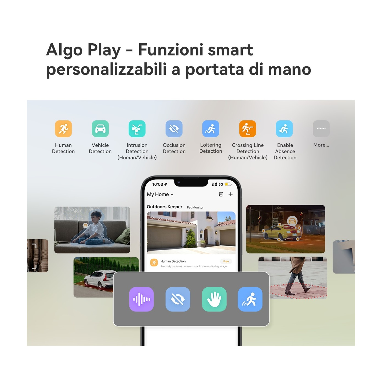 App-Oberfläche mit Symbolen für KI-Funktionen wie Personenerkennung und Fahrzeugerkennung.