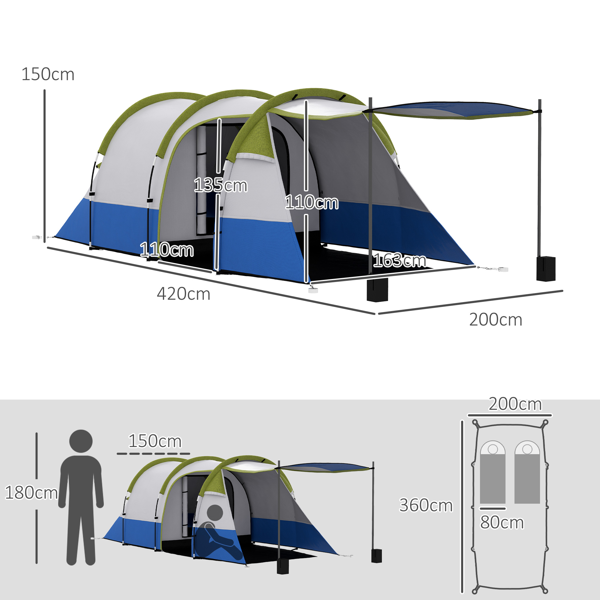 Tienda con dimensiones: altura 150cm, longitud 420cm, anchura 200cm.