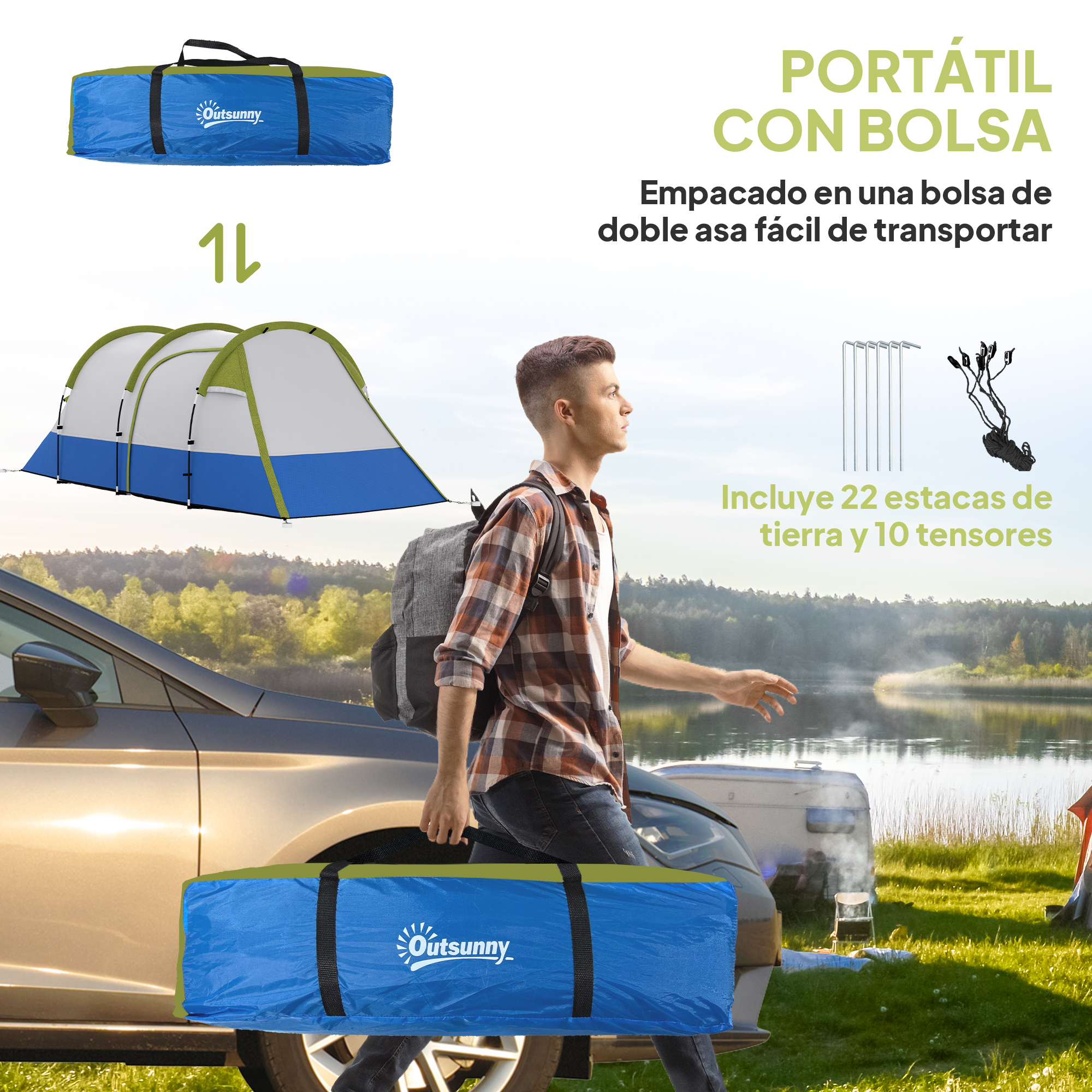 Un hombre lleva una bolsa de tienda azul cerca de un coche y un lago.