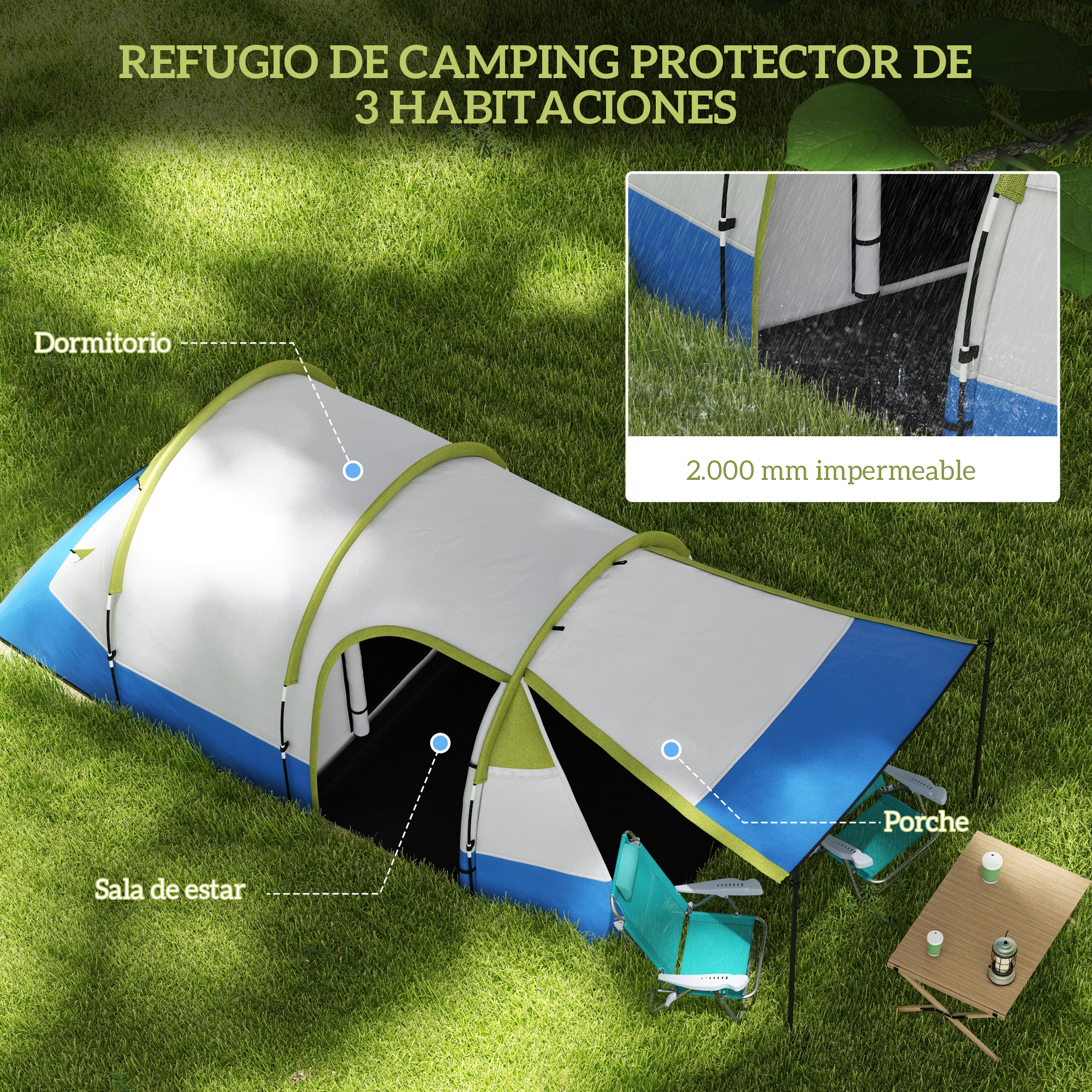 Una tienda de campaña azul y blanca con ribete verde sobre césped. Asientos y mesa delante.
