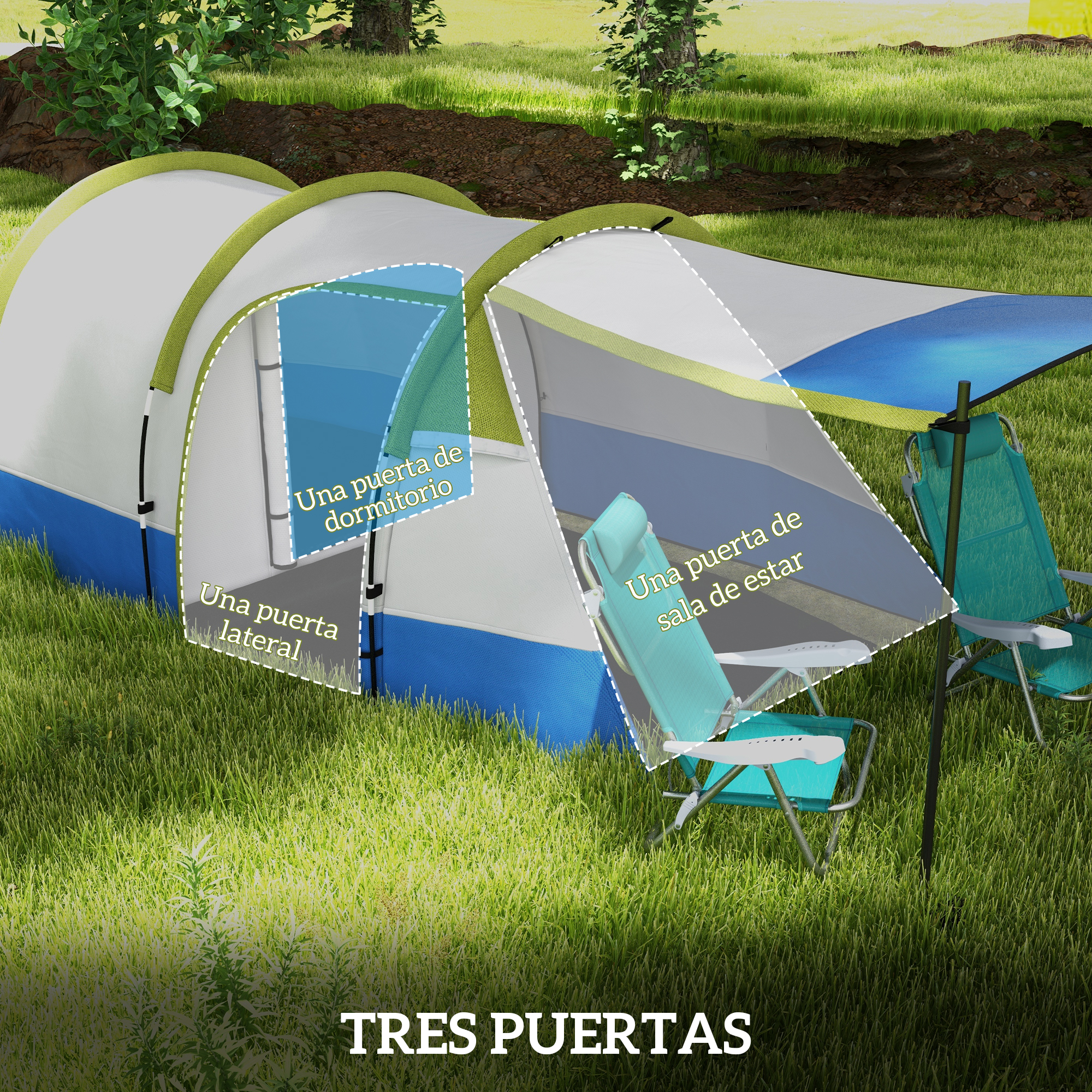 Una tienda de campaña azul y blanca con tres entradas en césped.