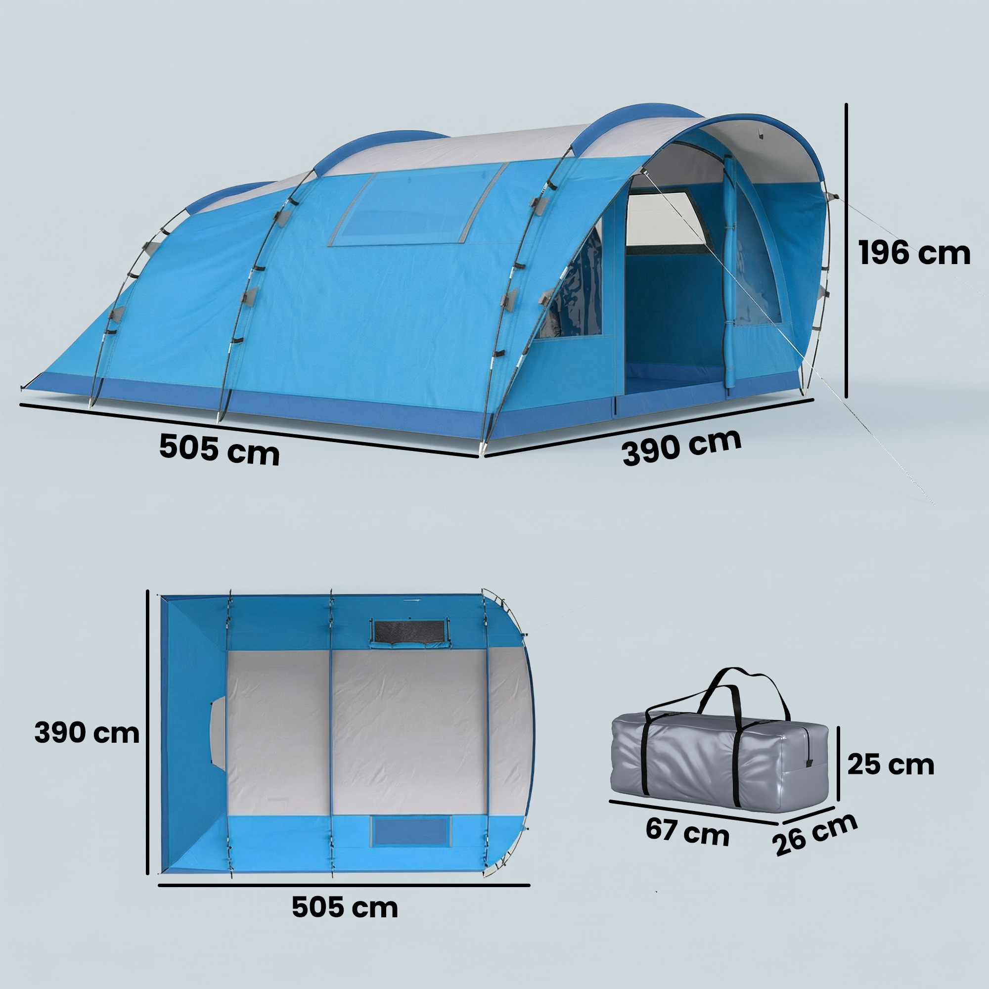 Tienda azul de 505x390x196cm y una bolsa gris.