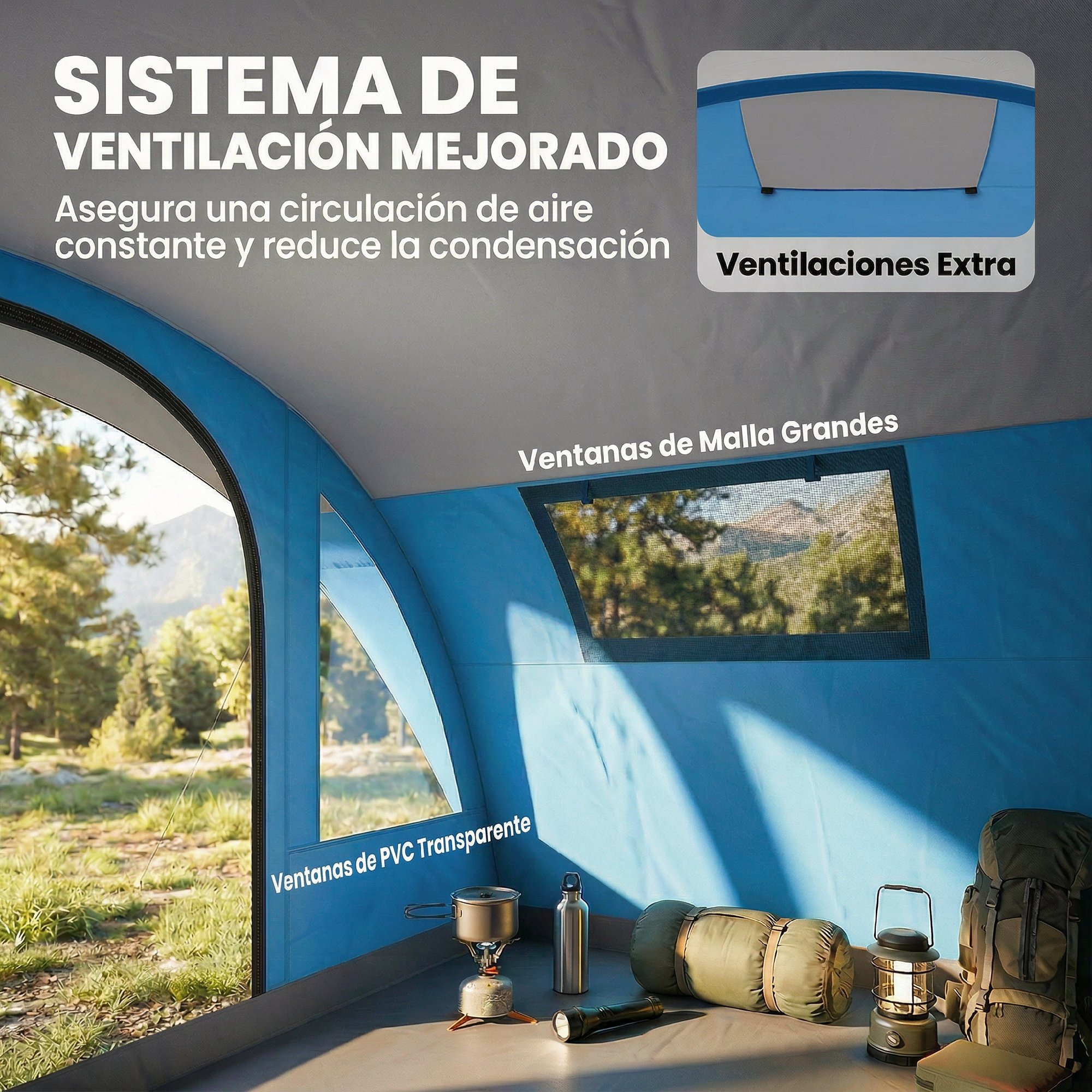 Vista interior de una tienda azul con equipo de camping y vista al exterior.