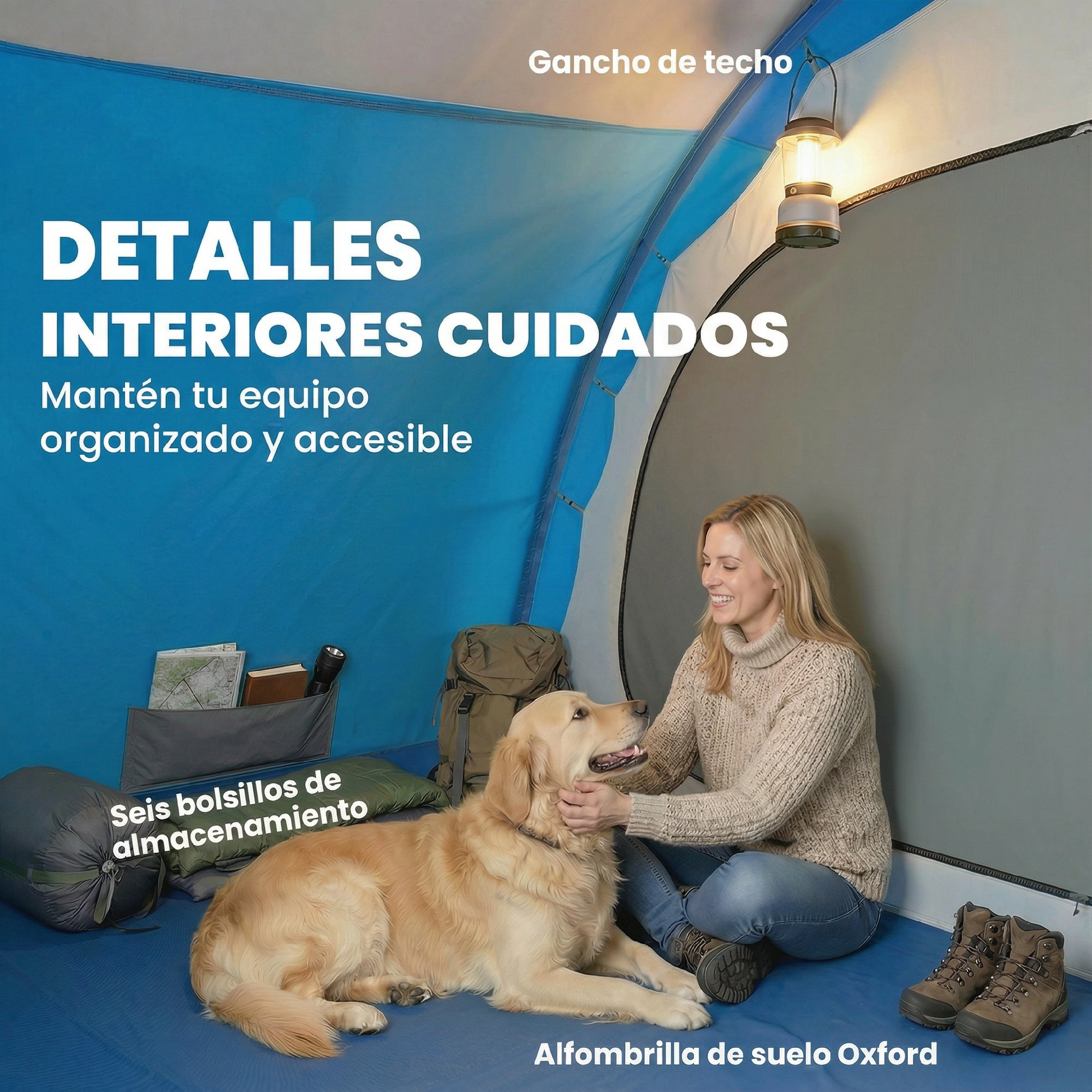 Mujer acaricia perro dentro de tienda con lámpara, sacos, mochila y botas.