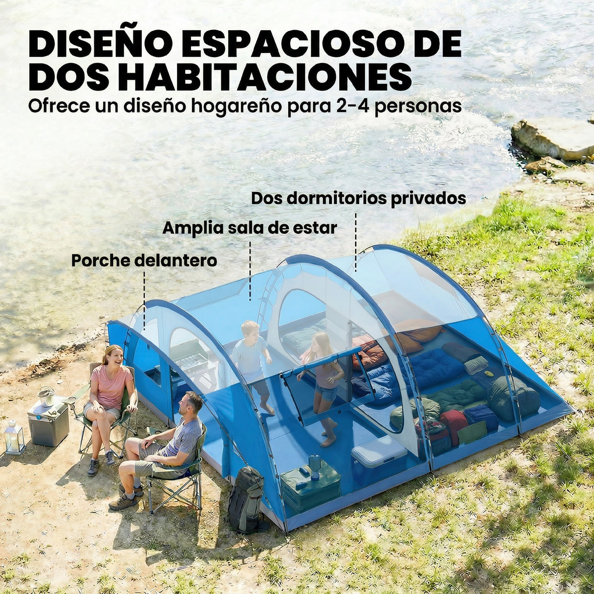 Tienda azul espaciosa con 2 dormitorios, sala y porche delantero junto al agua.