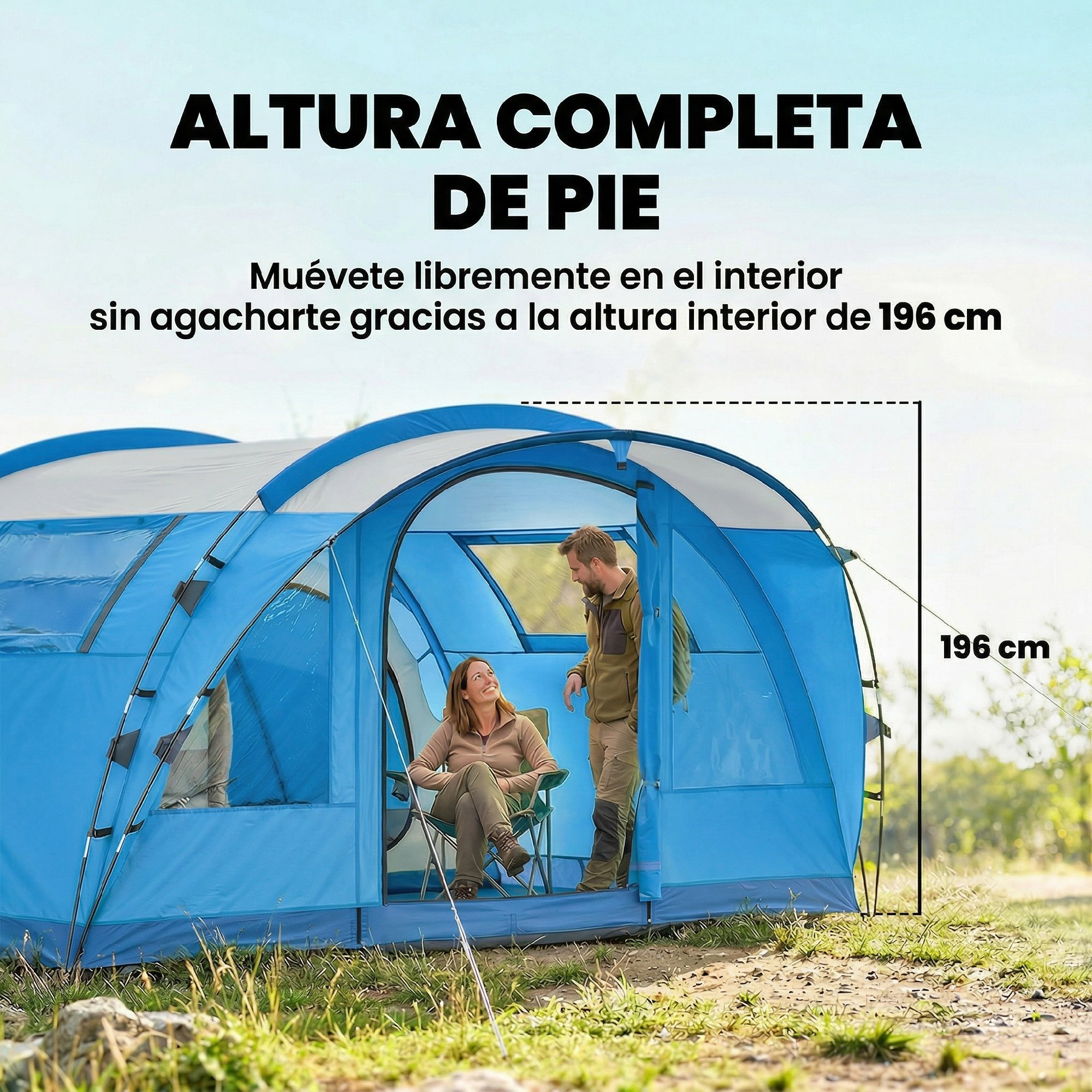 Un hombre y una mujer están en una tienda azul. La altura interior es de 196 cm.