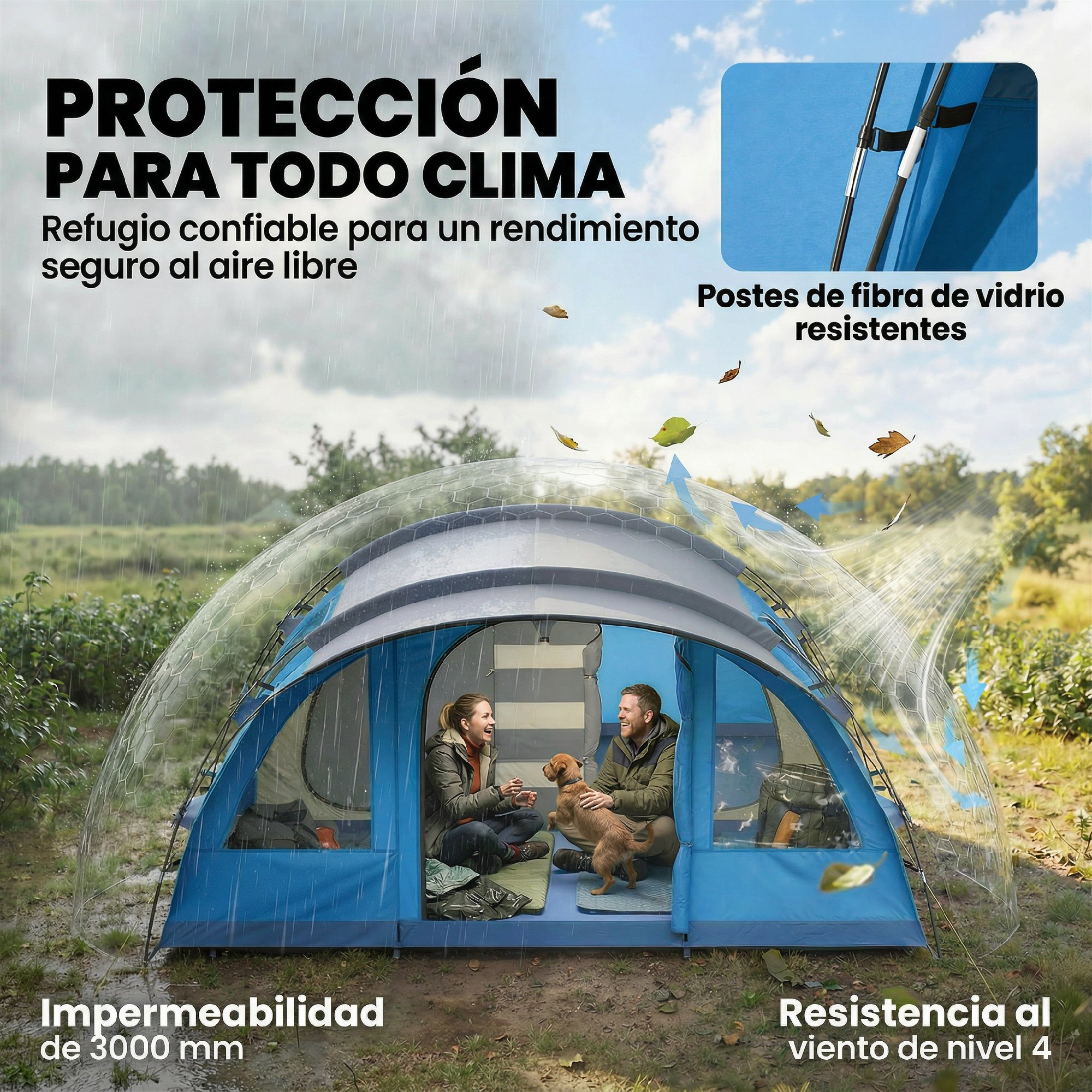 Una carpa azul bajo lluvia y viento con una pareja y un perro dentro.