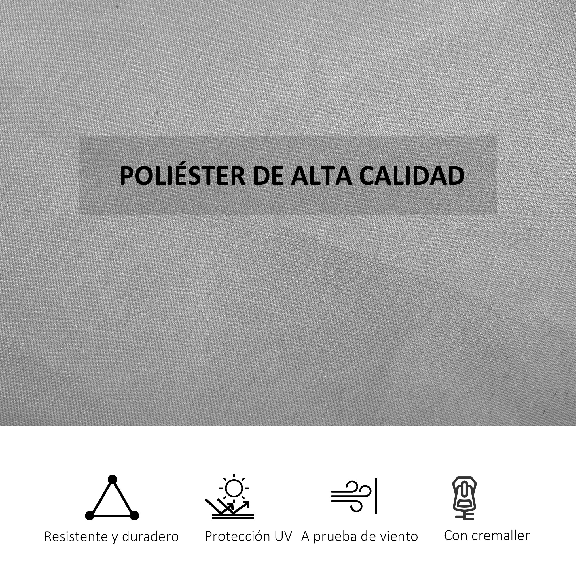 Tela gris con texto: Poliéster de alta calidad. Iconos: Duradero, Protección UV, Cortavientos, Cremallera.
