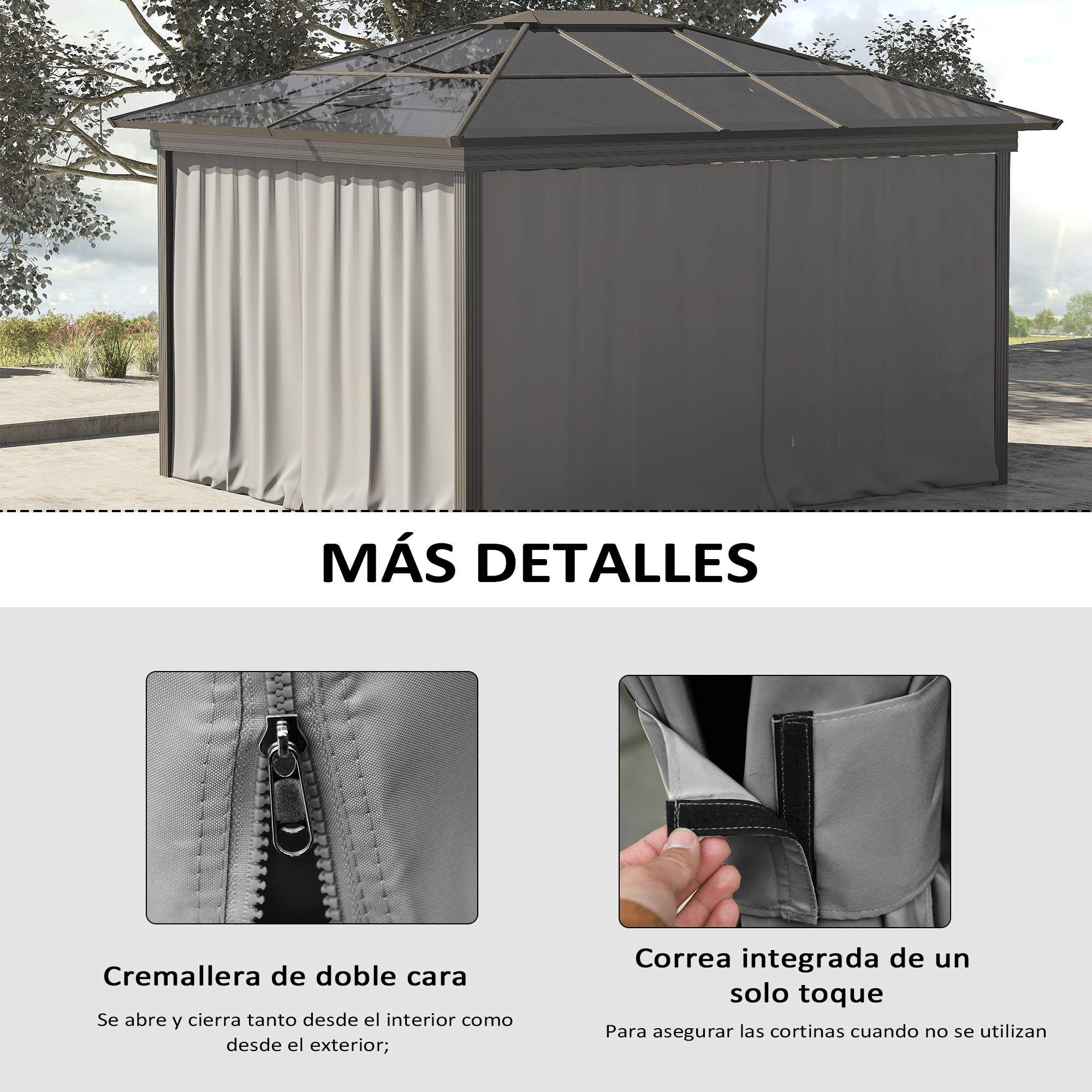 Pérgola gris con techo de cristal y cortinas. Primeros planos muestran cremallera y correa.