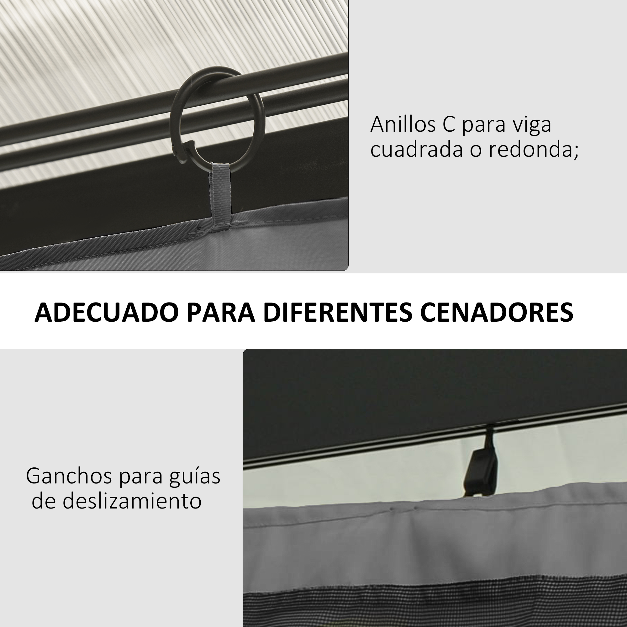 Anillos C para vigas cuadradas o redondas; ganchos de guía.