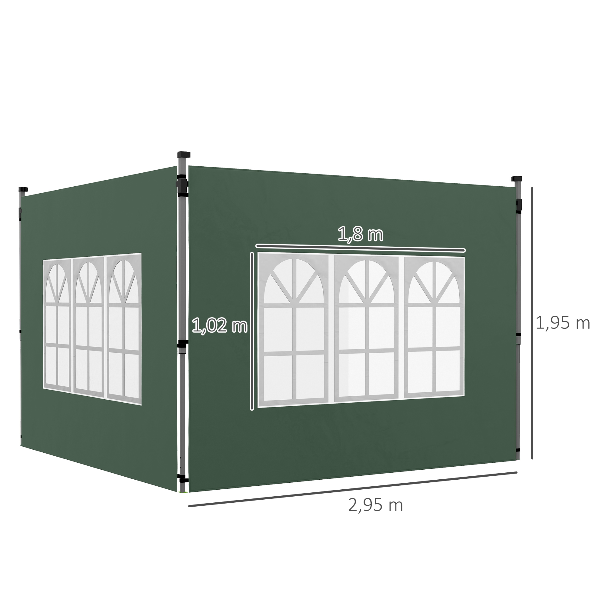 Una carpa verde oscura con ventanas, mostrando dimensiones de 2,95m x 1,95m x 1,8m.