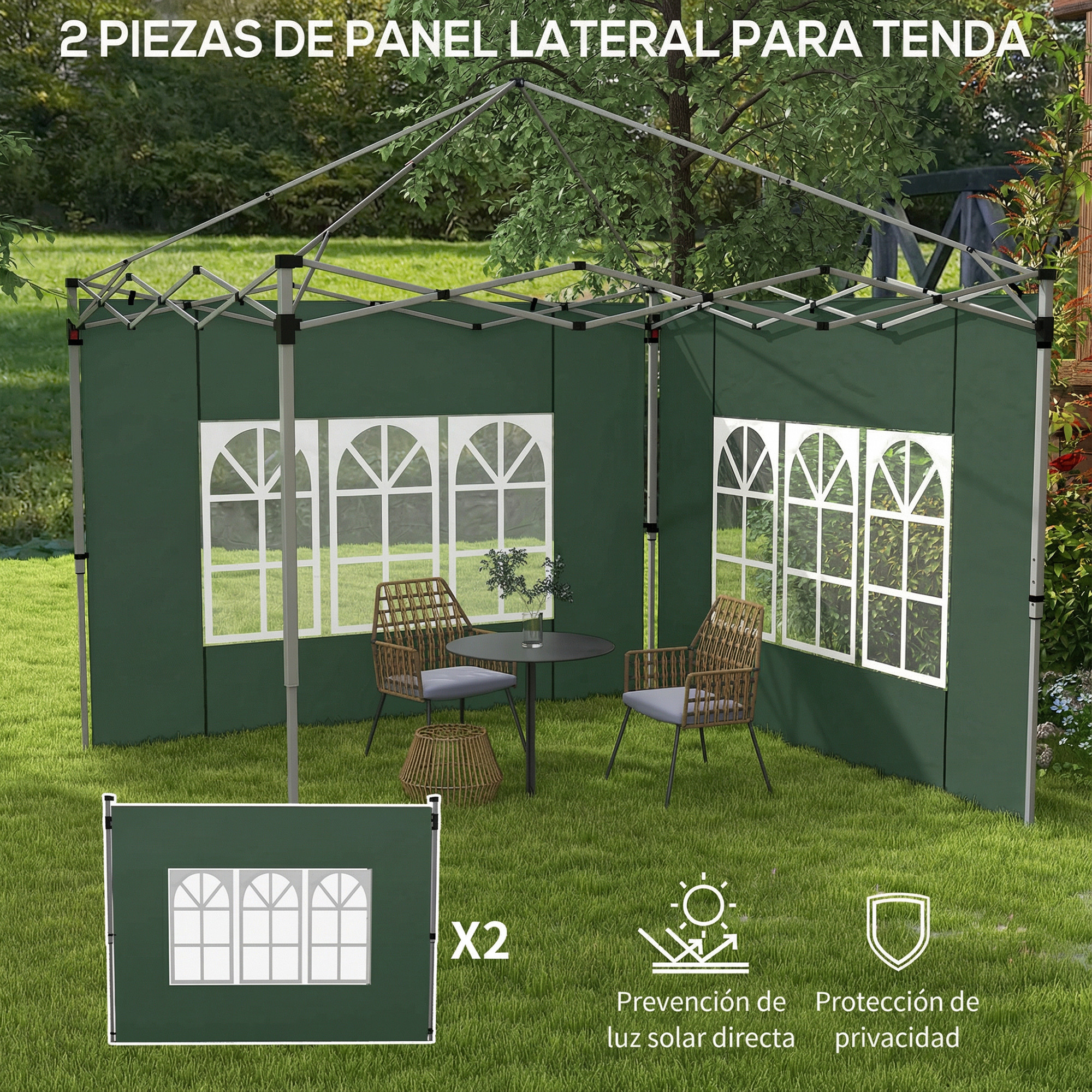Paredes laterales de carpa verdes con ventanas, dos sillas y mesa.