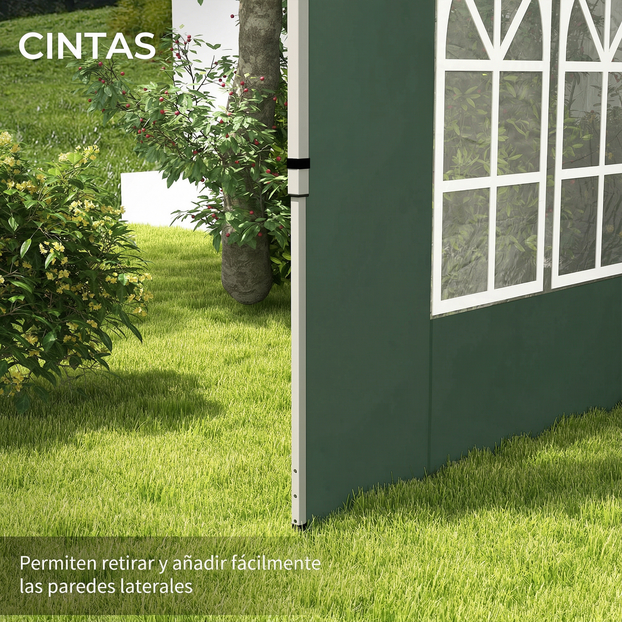 Pared verde de carpa con ventanas, junto a un árbol y arbustos sobre césped.