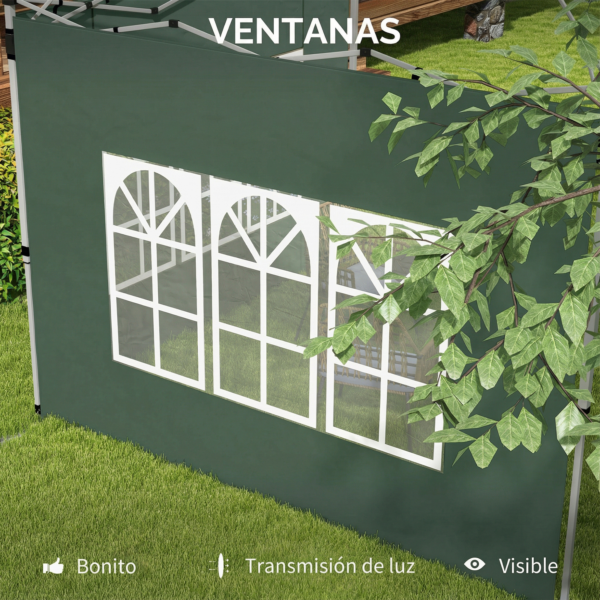Tienda verde con tres ventanas, sobre césped verde, con hojas delante.