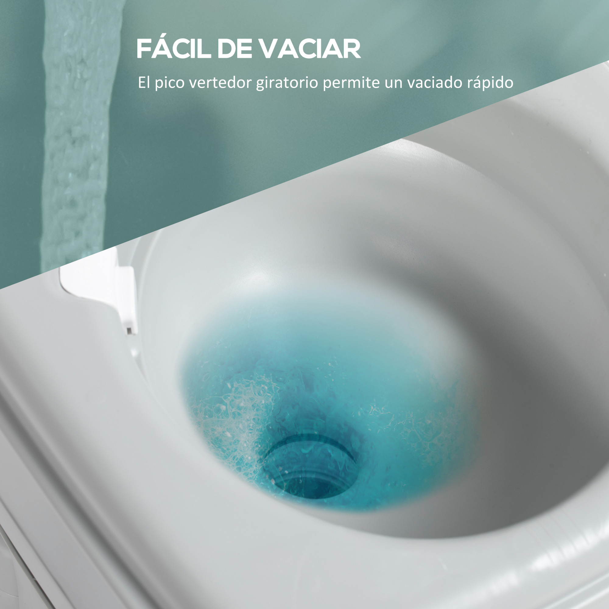 Contenedor blanco con agua azul y espuma drenando.