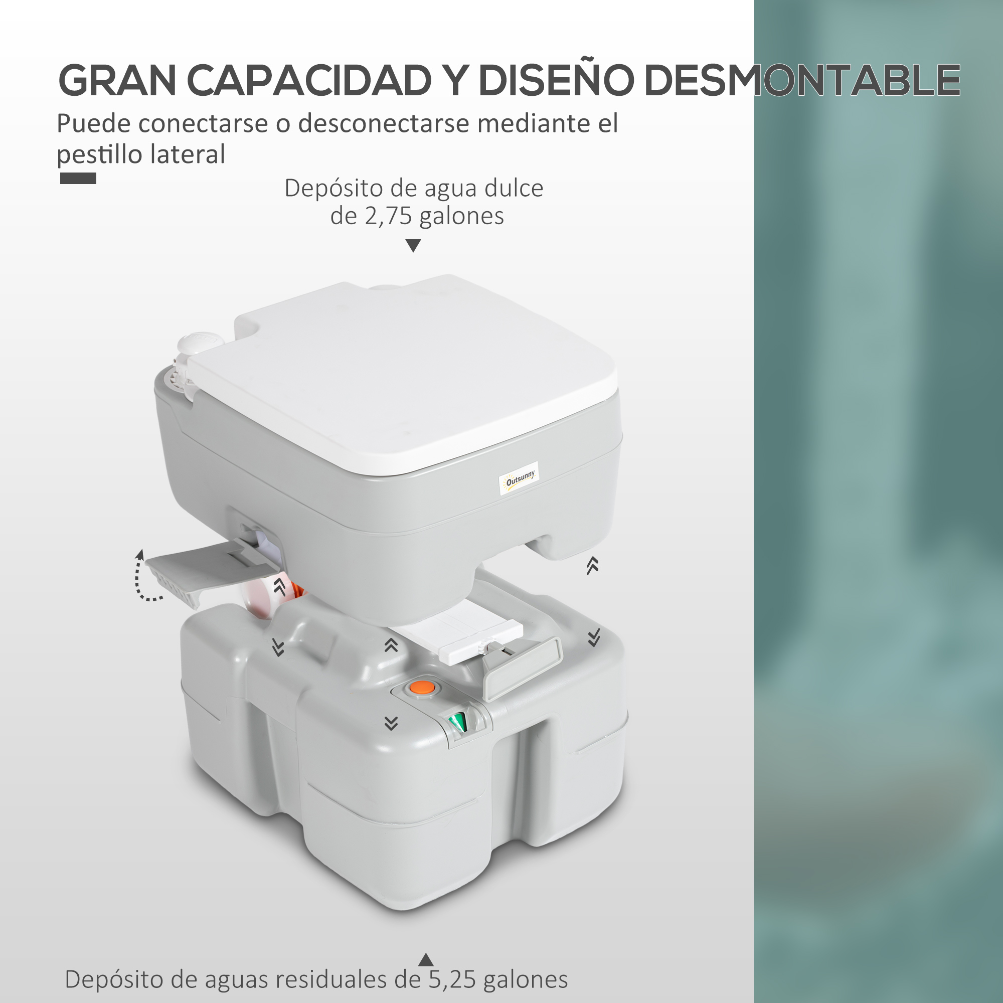 Inodoro portátil gris con tanques de agua dulce y residuales.