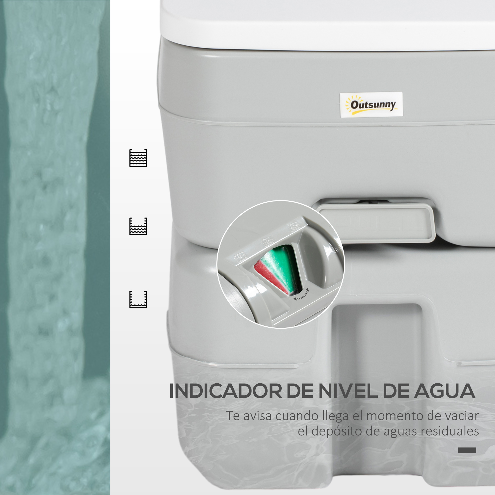 Inodoro portátil gris con indicador de nivel de agua y logo Outsunny.