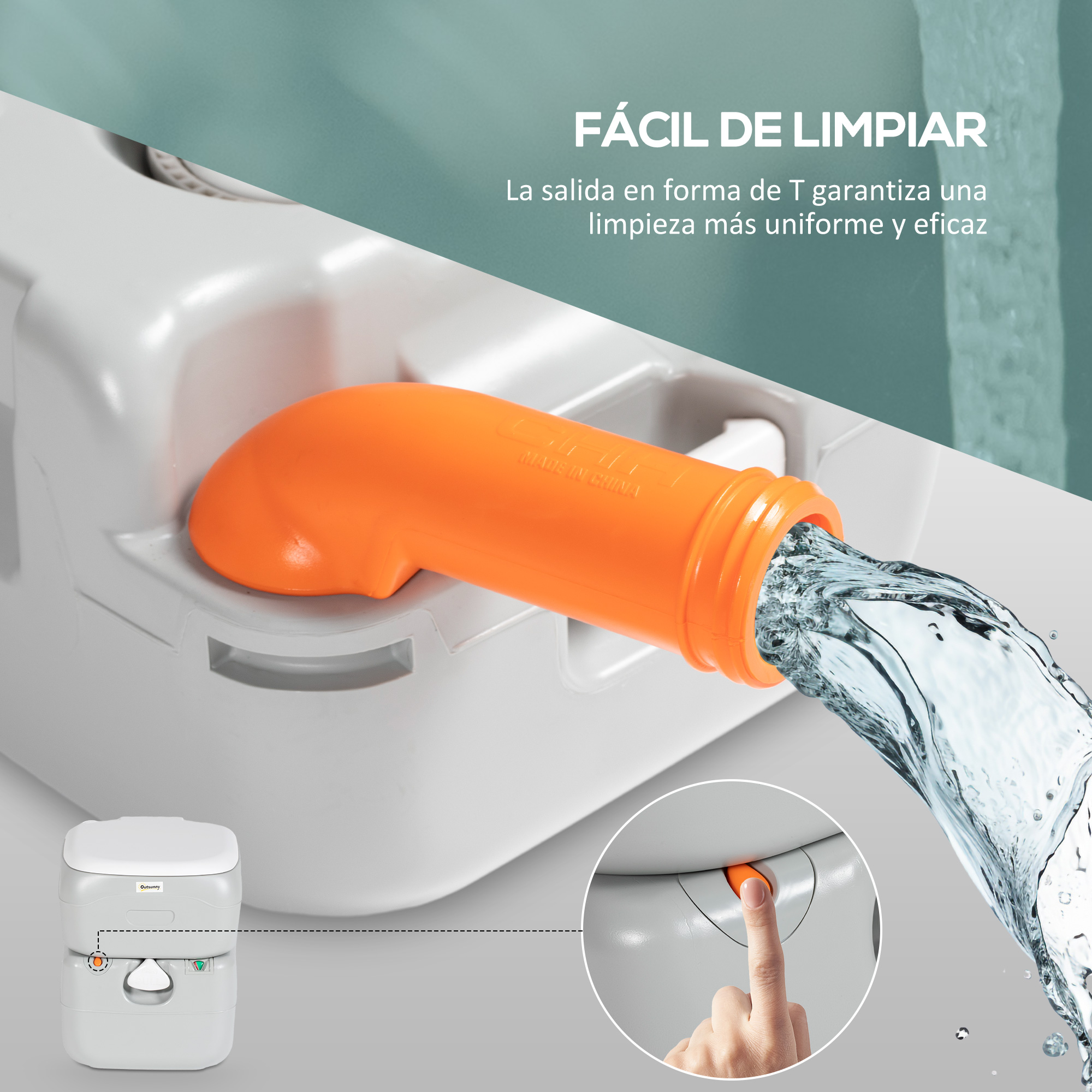 Un inodoro portátil con salida naranja de la que fluye agua.