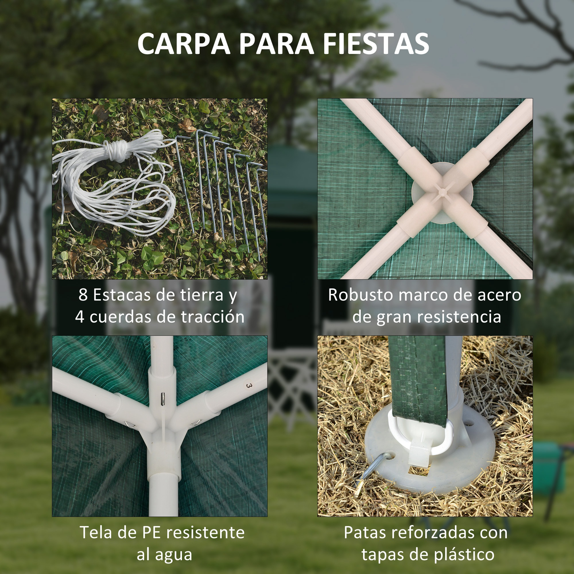 Cuatro primeros planos muestran partes de carpa: estacas, cuerdas, marco y pies.