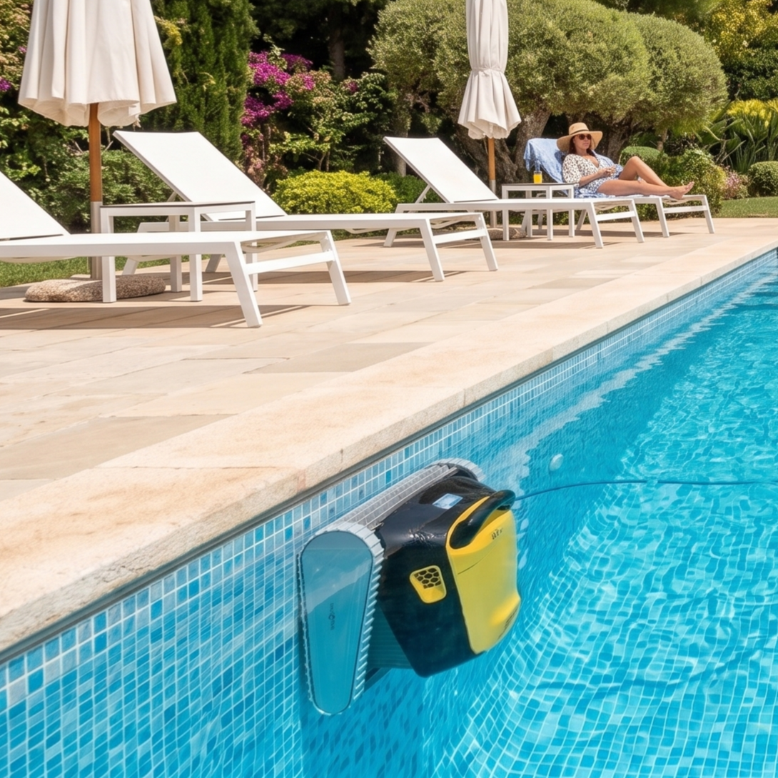 Un limpiafondos amarillo y negro trepa por la pared alicatada de una piscina.