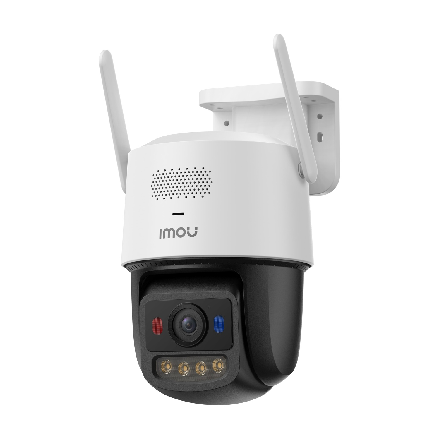 Biała kamera bezpieczeństwa z dwiema antenami, zamontowana na wsporniku ściennym.