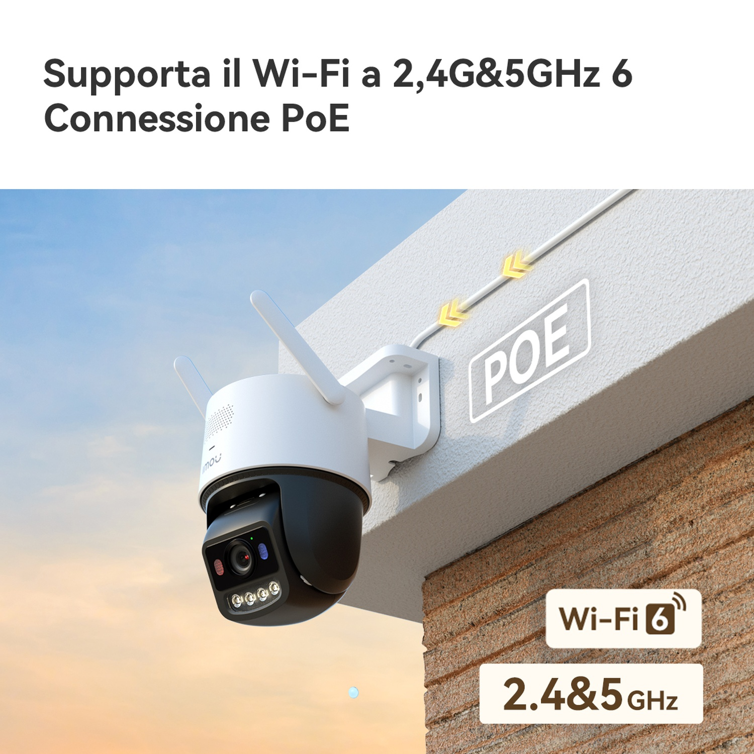 Kamera bezpieczeństwa z Wi-Fi 6 i połączeniem PoE, zamontowana na ścianie.