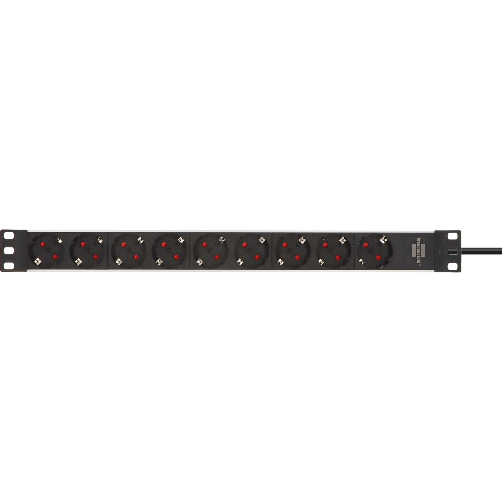 Ciabatta nera da montaggio rack con dieci prese e coperture rosse.